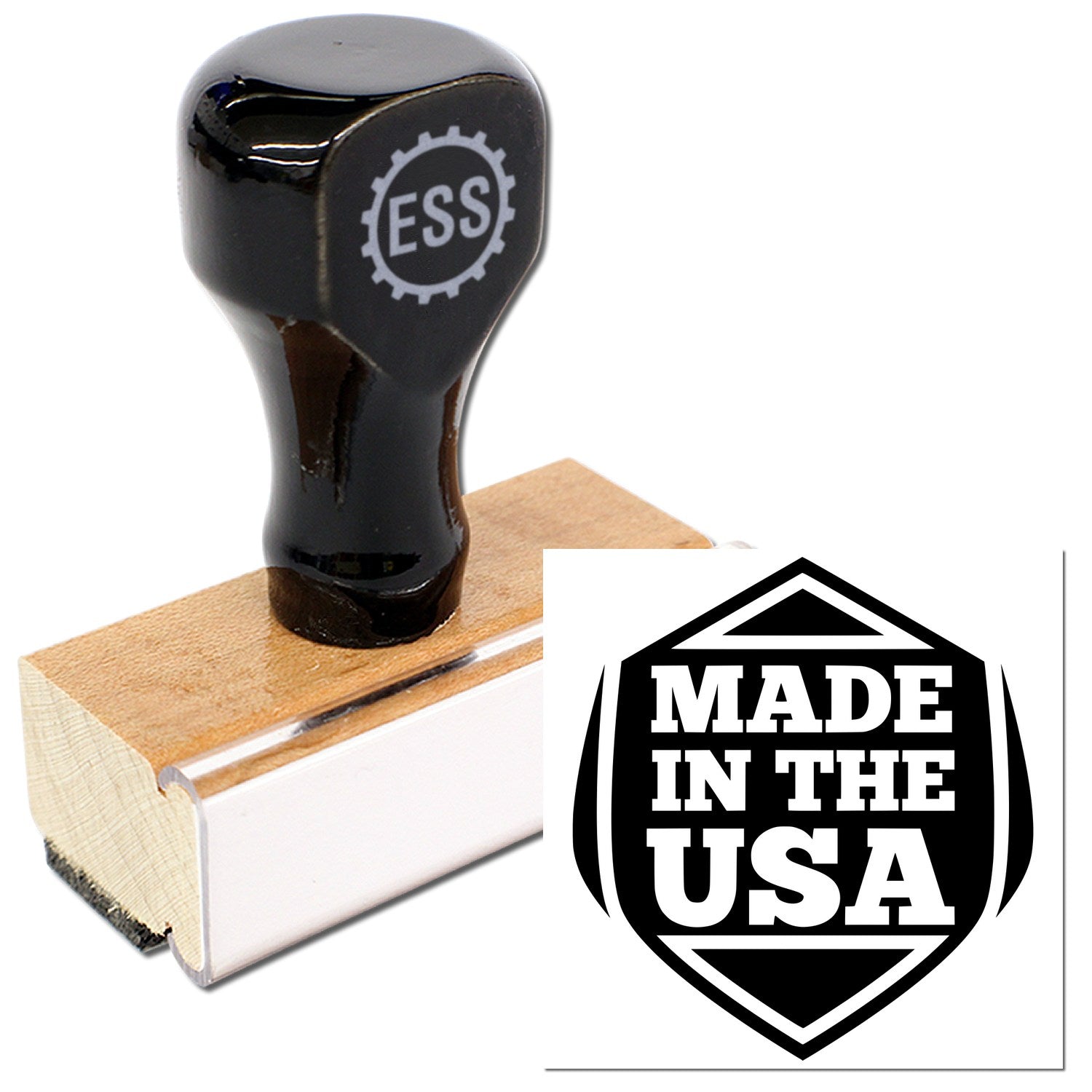 Wood Handle American Pride Seal Rubber Stamp with black top and ESS logo, featuring a wooden base and Made in the USA imprint design. Perfect for crafting and official use.