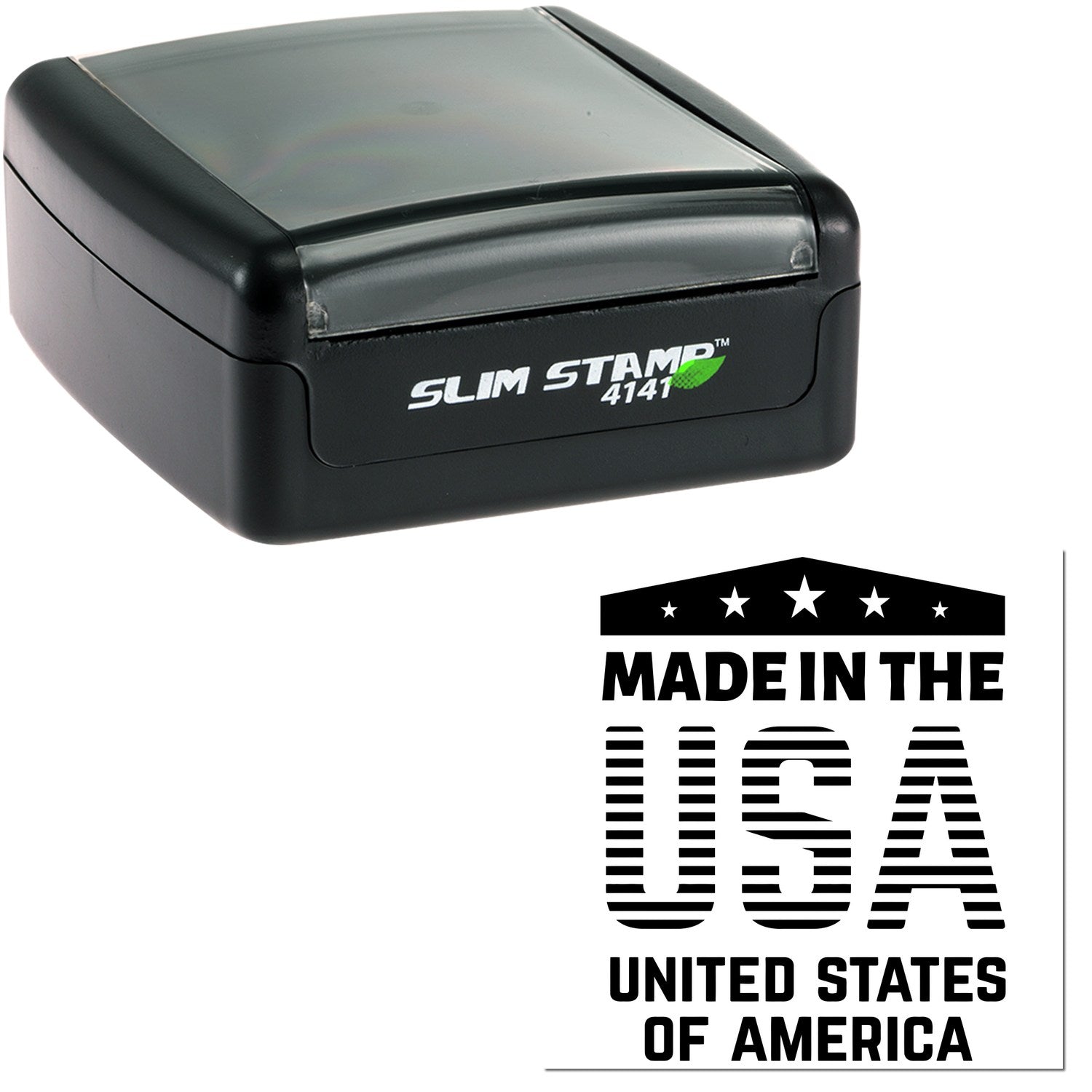 Image of the Slim Pre-Inked Patriotic Pride Stamp, featuring a compact black design with Slim Stamp 4141 branding and a Made in the USA imprint. Ideal for efficient, patriotic stamping.