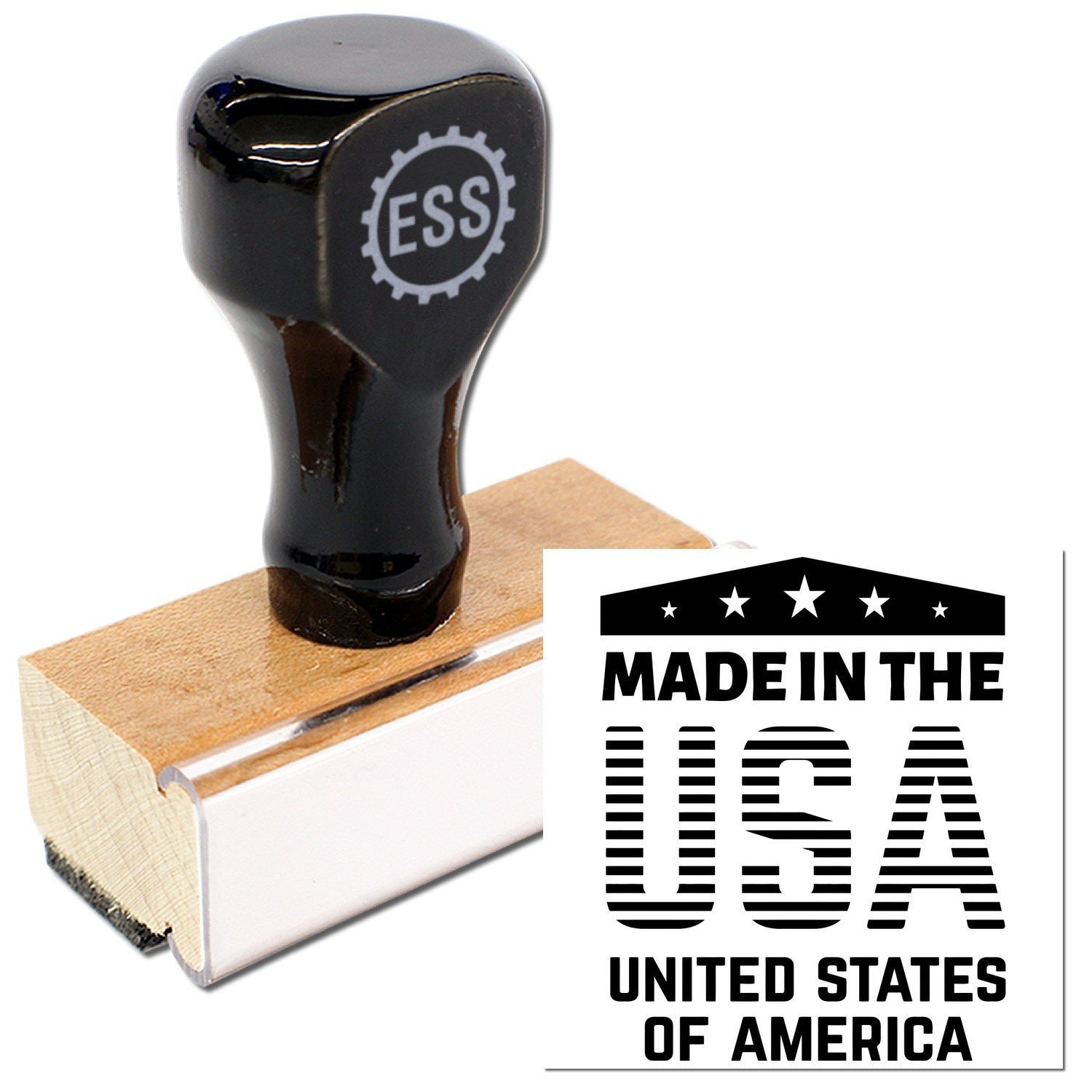 Wood Handle Patriotic Pride Rubber Stamp with black top and engraved ESS logo, featuring a Made in the USA design. Perfect for adding a patriotic touch to crafts and documents.