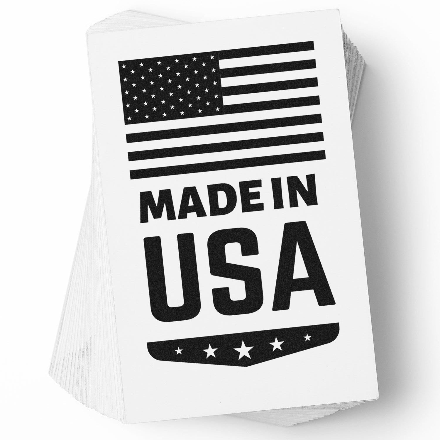 Self-Inking Made In USA Emblem Stamp with American flag design, featuring bold 'Made In USA' text and stars, ideal for marking documents. Durable and easy to use.