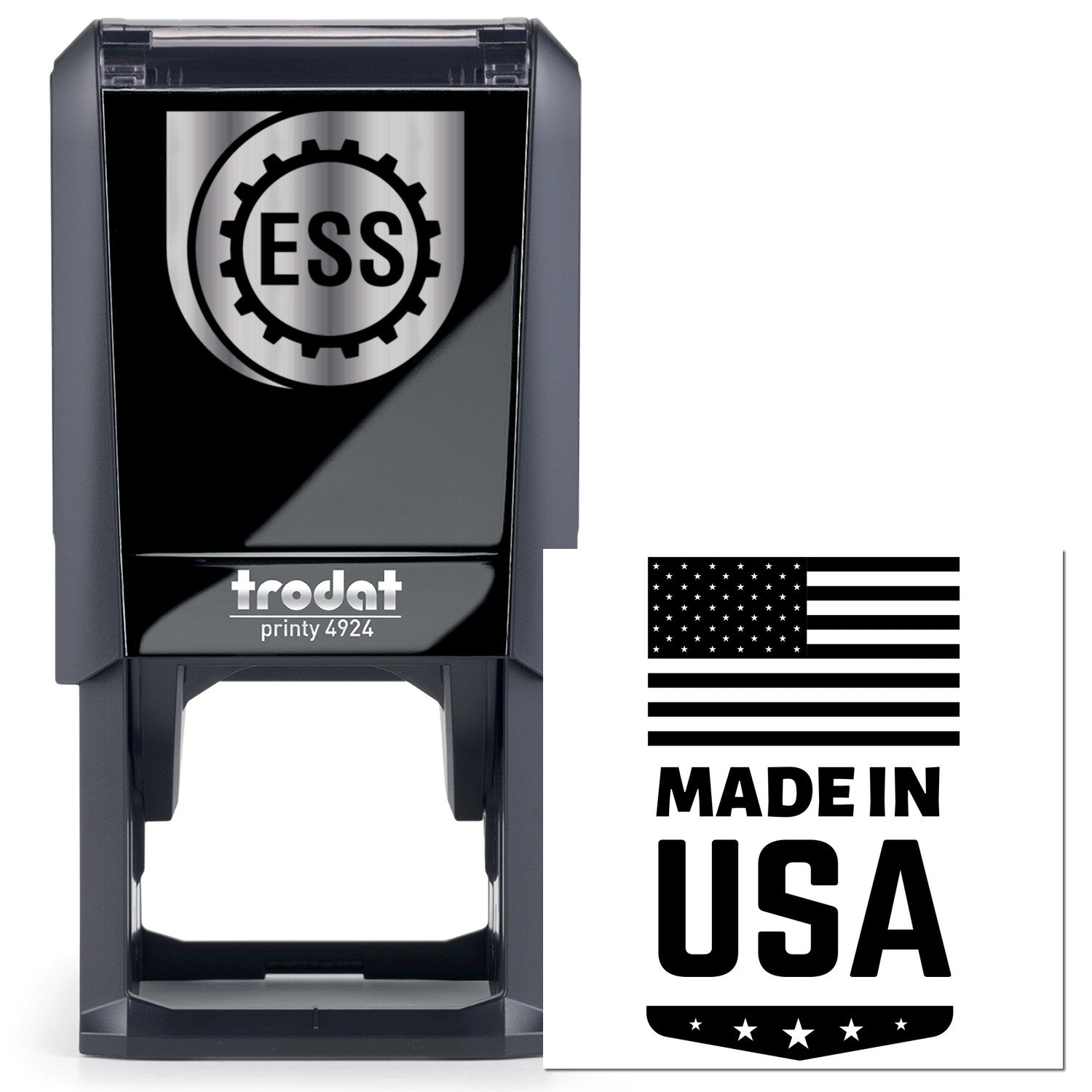 Self-Inking Made In USA Emblem Stamp featuring a sleek black design with ESS logo. Includes a Made in USA imprint with an American flag. Perfect for professional use.