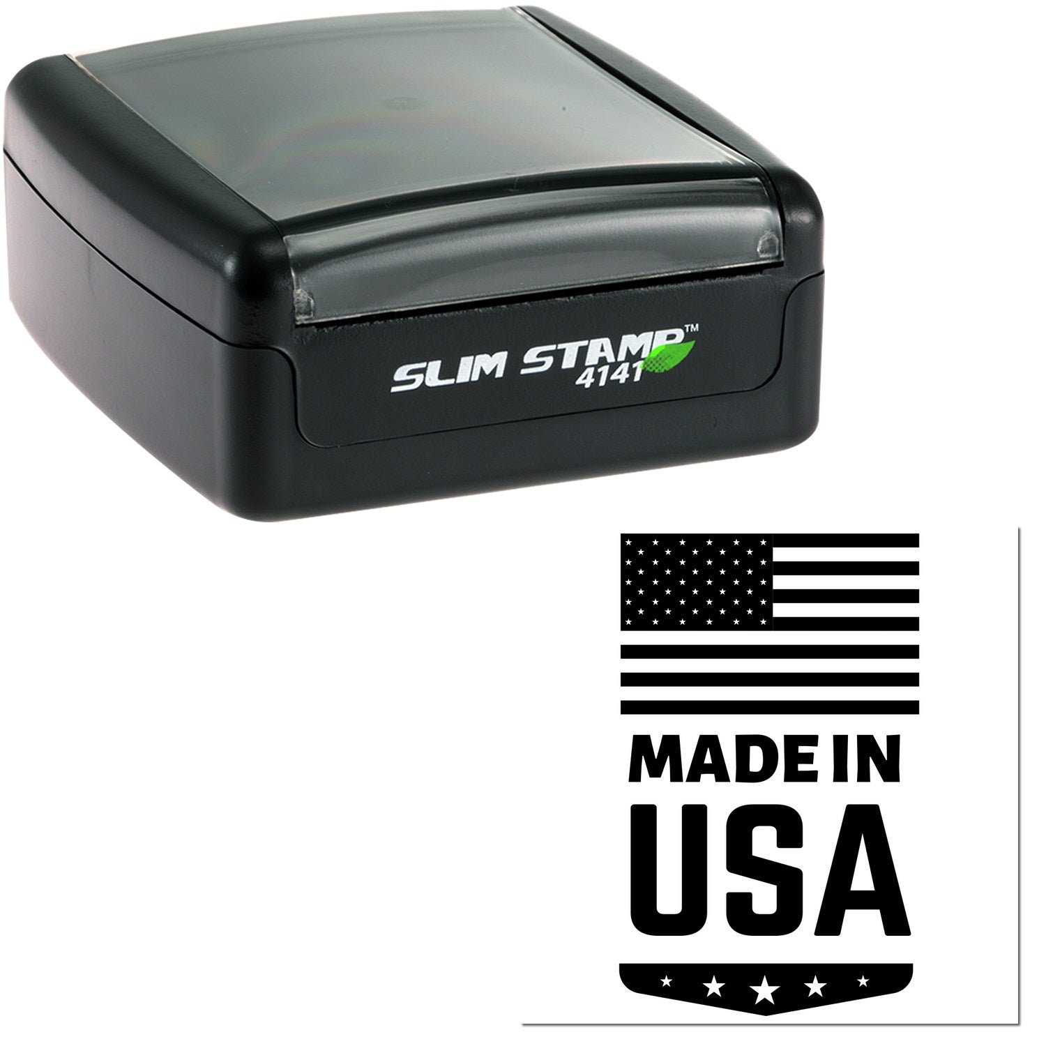 Slim Pre-Inked Made In USA Emblem Stamp in black, featuring a compact design with Slim Stamp 4141 branding. Includes a Made in USA emblem with an American flag.