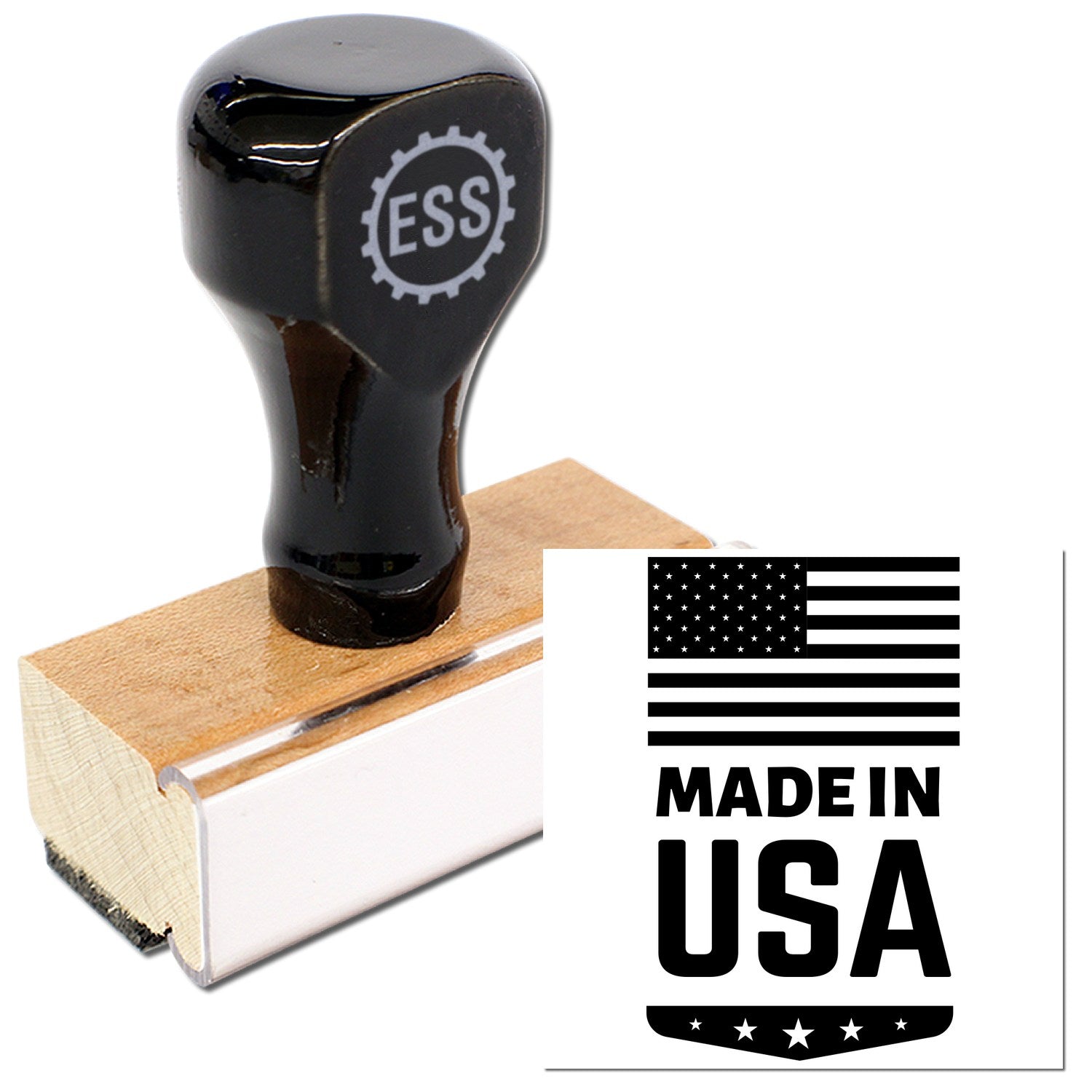 Wood Handle Made In USA Emblem Rubber Stamp with black top and wooden base, featuring ESS logo. Includes a Made in USA design with American flag. Perfect for crafting and branding.