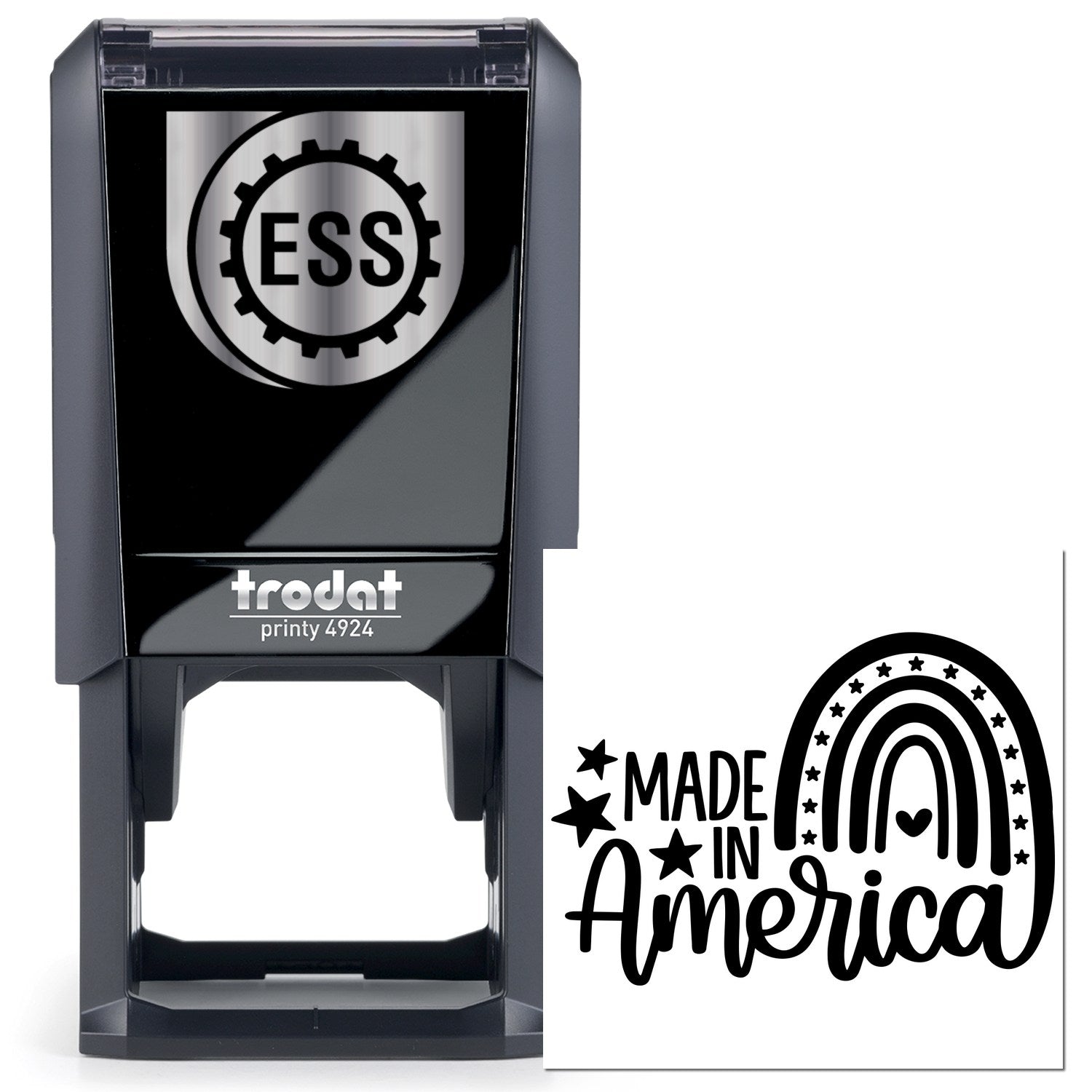 Self-Inking American Pride Rainbow Stamp with 'Made in America' design, featuring a rainbow and stars. Black casing with ESS logo. Perfect for patriotic and creative stamping.