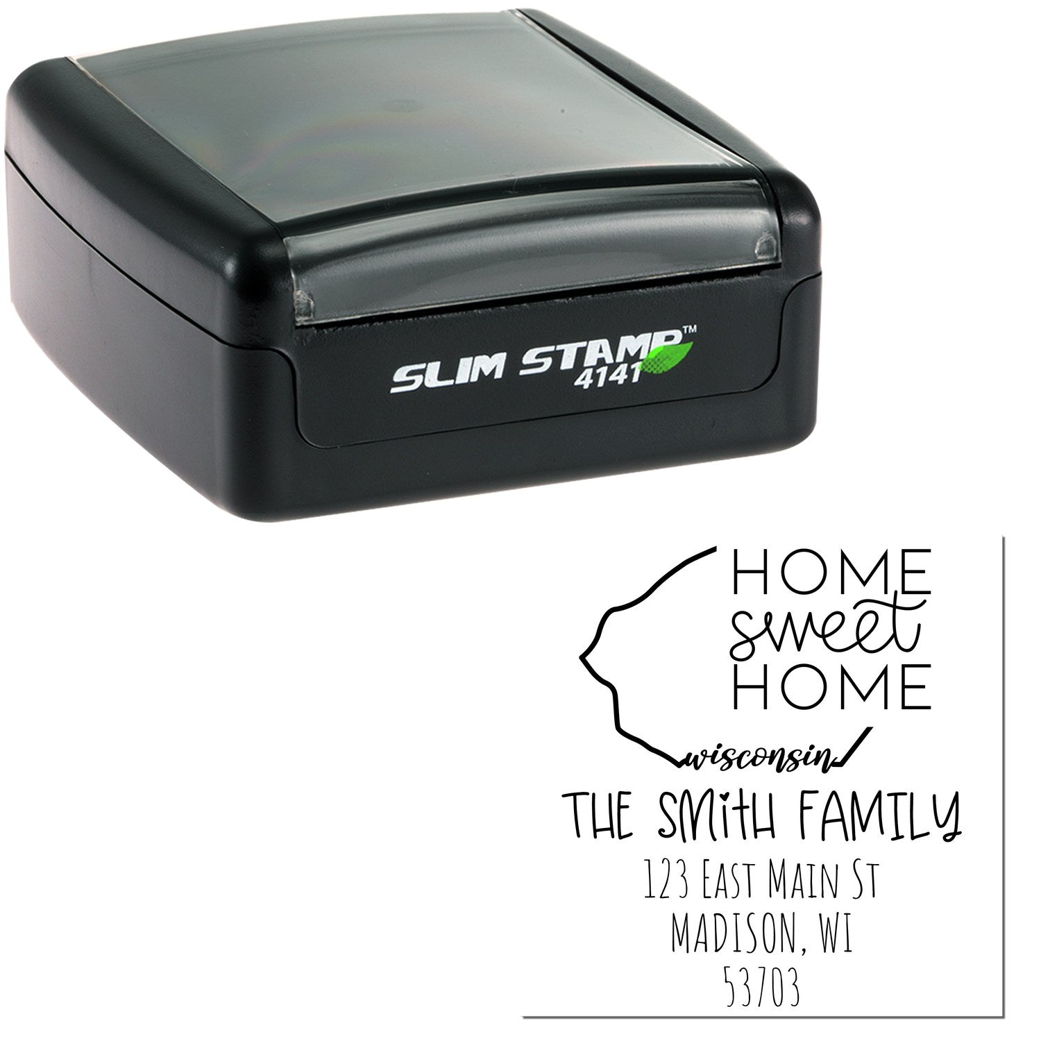 Slim Wisconsin Home Sweet Home Customizable Name and Address Stamp