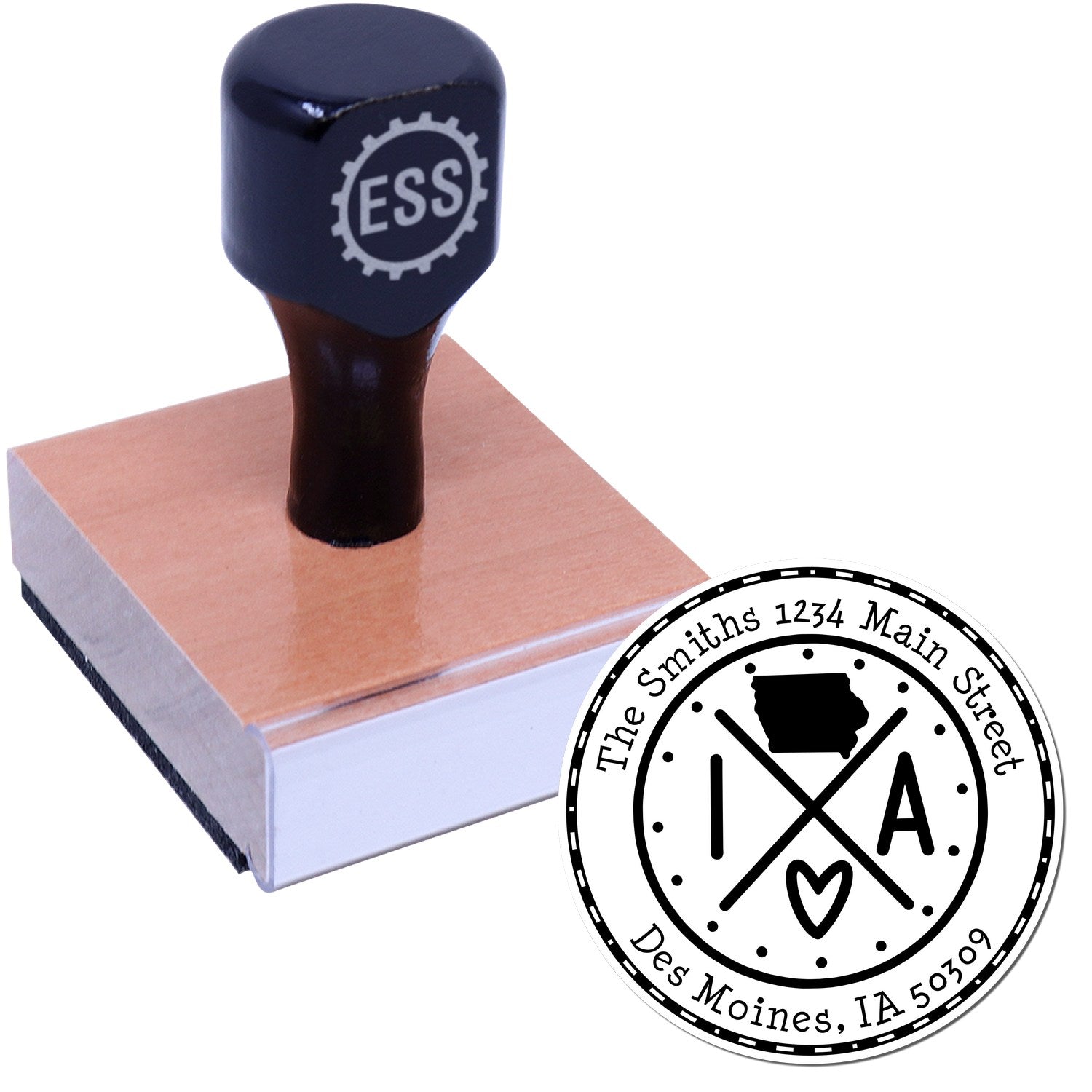 Wooden Handle Round Iowa State Cross Customized Name and Address Rubber Stamp