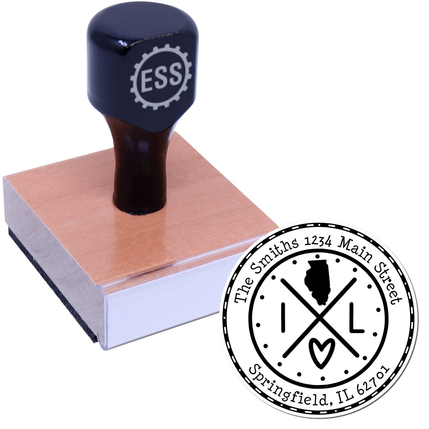 Wooden Handle Round Illinois State Cross Customized Name and Address Rubber Stamp