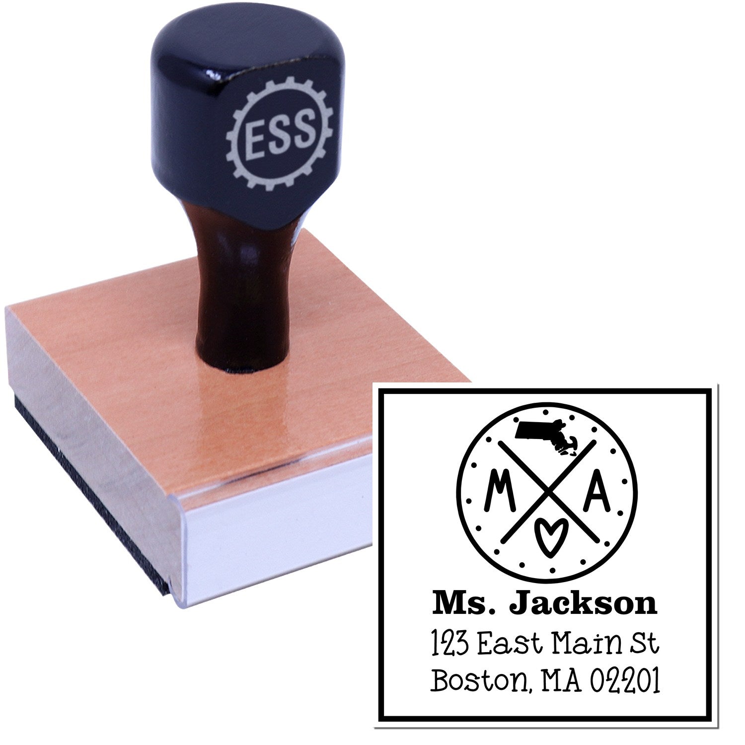 Wood Handle Massachusetts State Cross Customizable Return Address Rubber Stamp