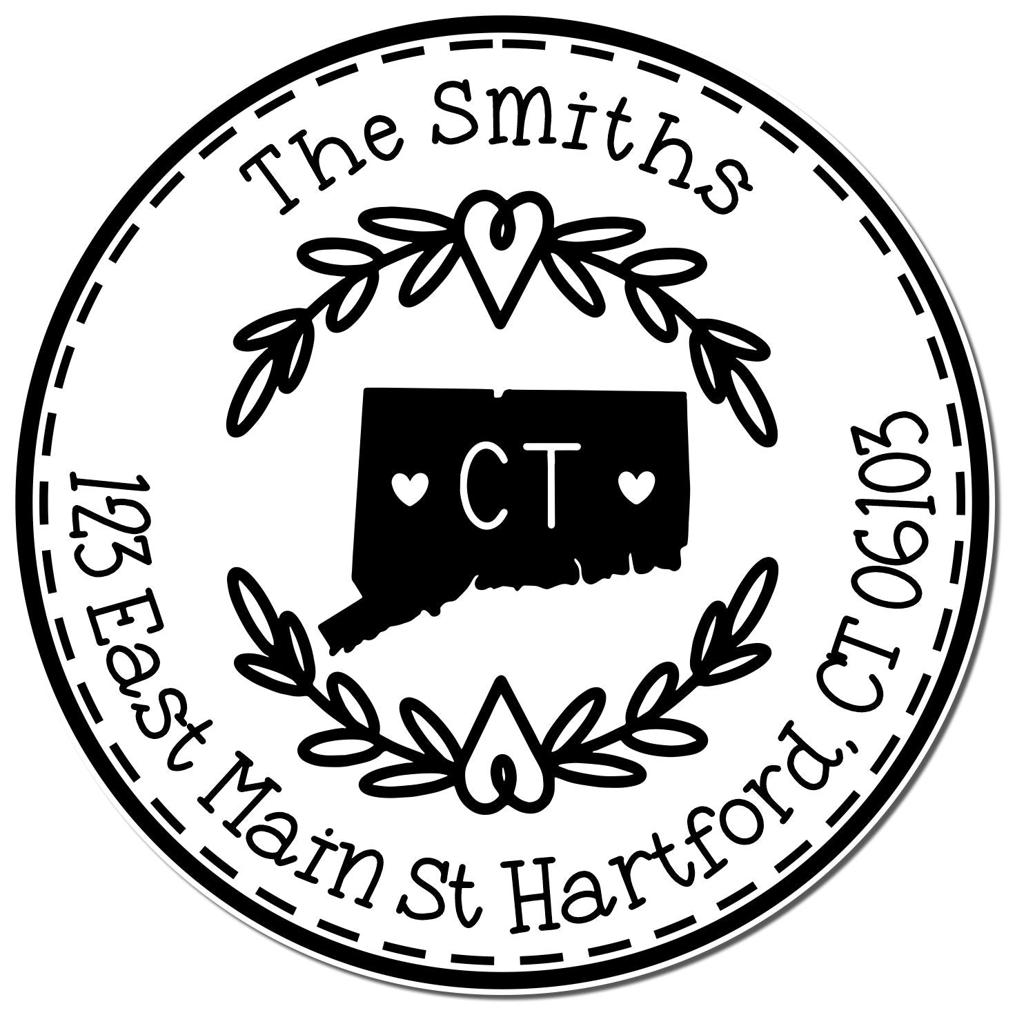 Wooden Handle Round Connecticut State Wreath Custom-Made New Home Address Rubber Stamp