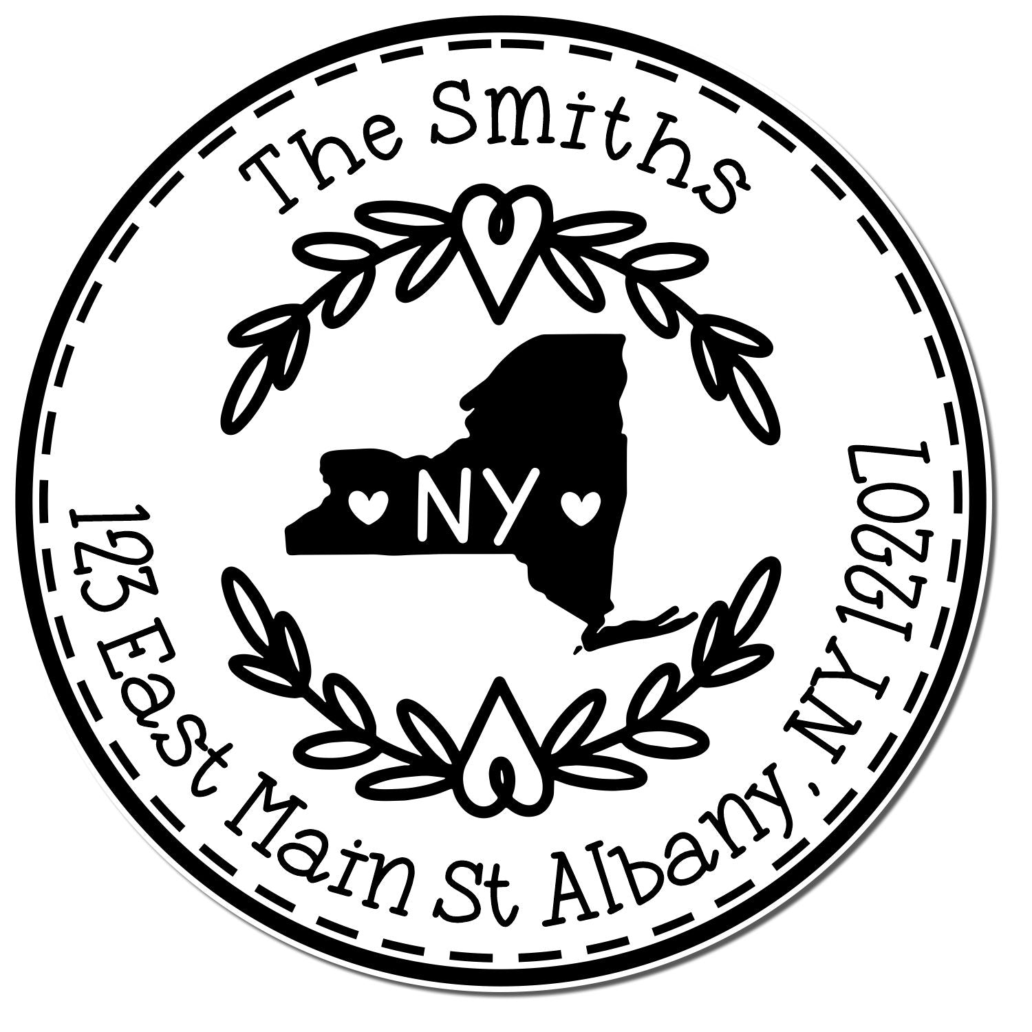 Self-Inking Round New York State Wreath Custom-Made Name and Address Rubber Stamp