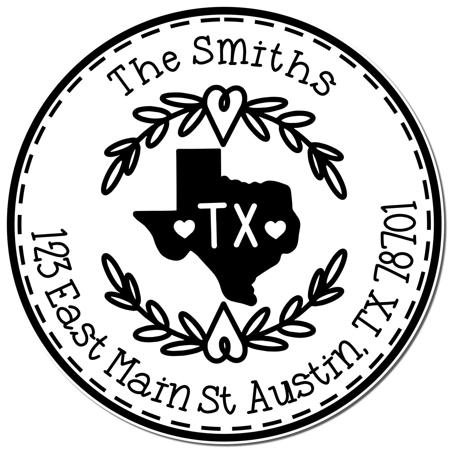 Wooden Handle Round Texas State Wreath Personalized Address Return Rubber Stamp