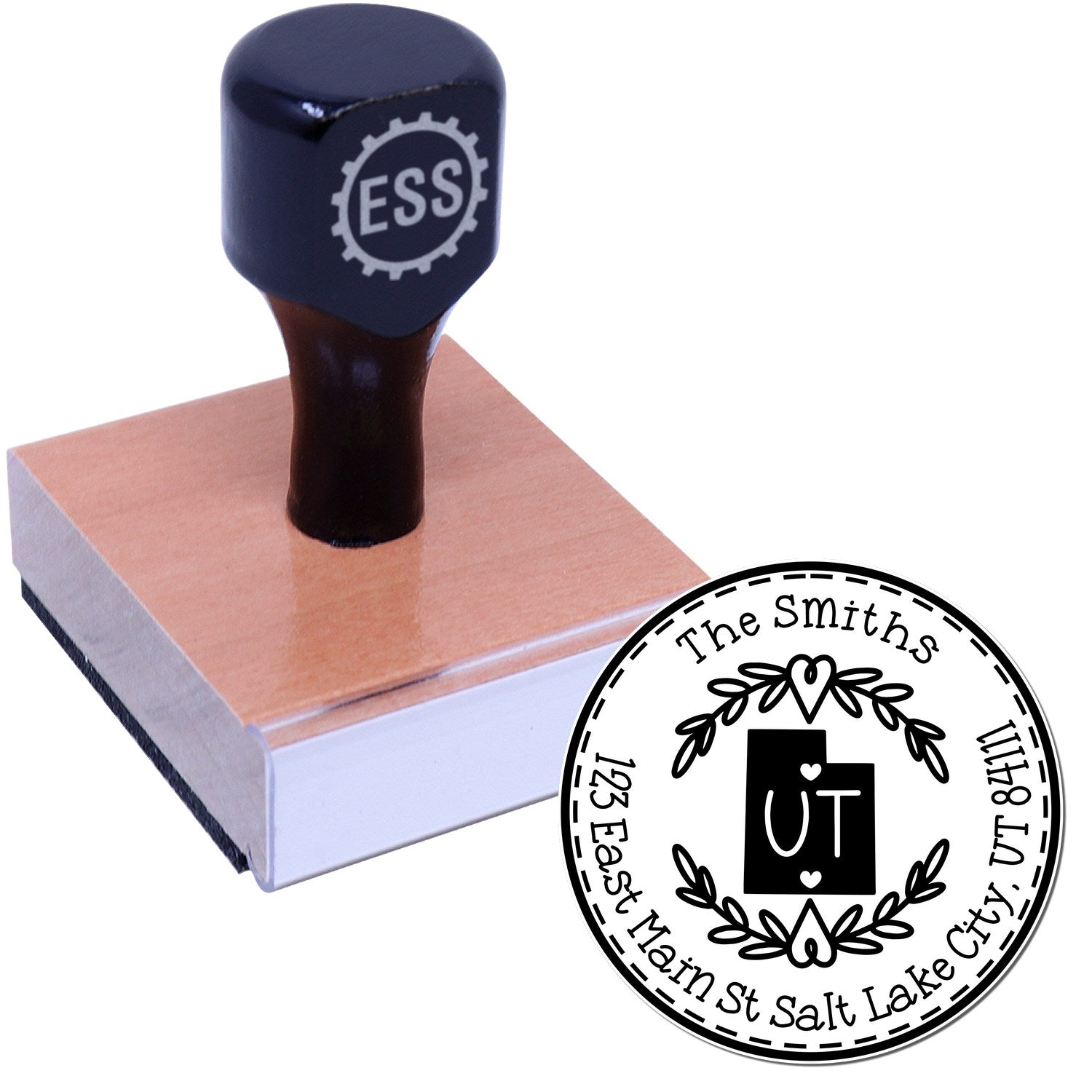 Wooden Handle Round Utah State Wreath Personalized Address Return Stamp