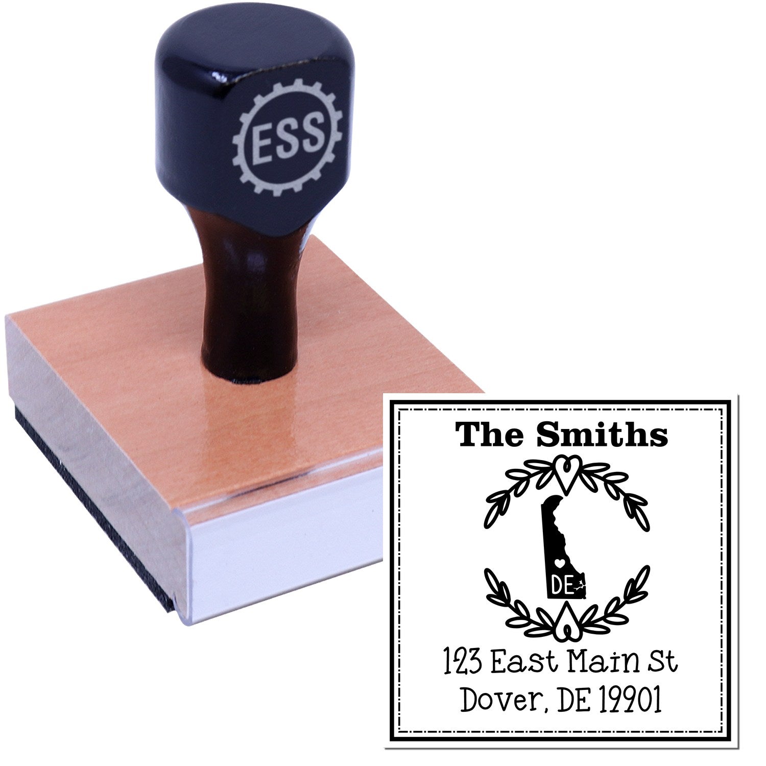 Wood Handle Delaware State Wreath Custom-Made Return Address Stamper