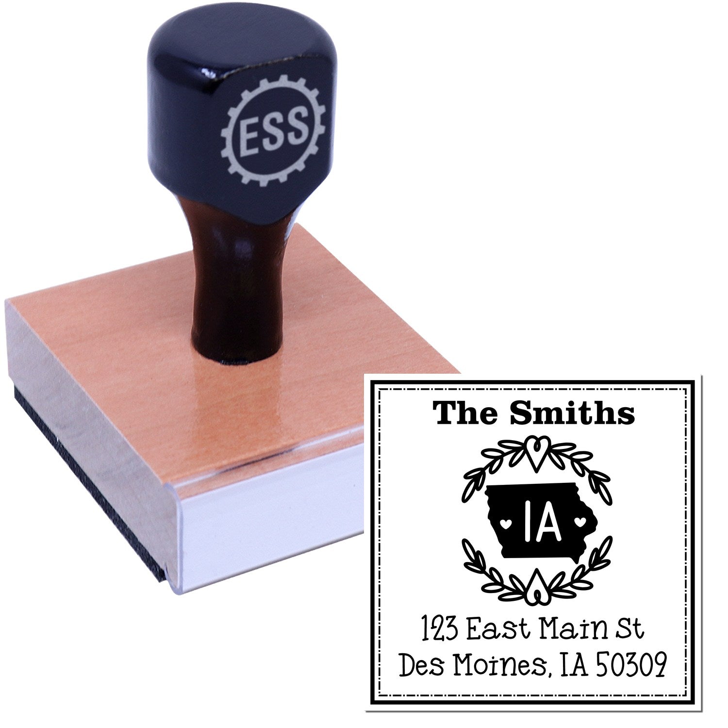 Wood Handle Iowa State Wreath Custom-Made Mailing Rubber Stamp