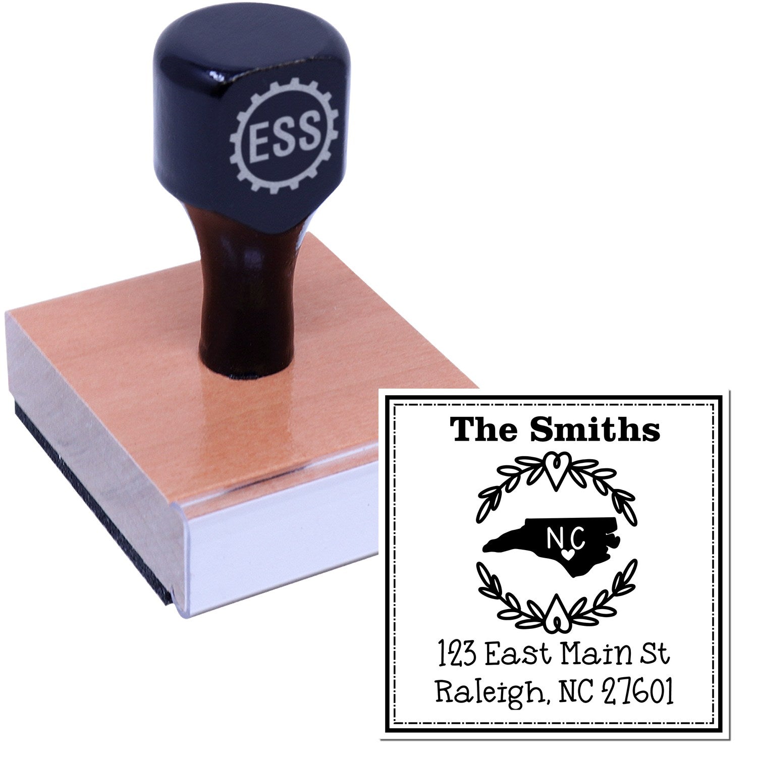 Wood Handle North Carolina State Wreath Custom-Made Mail Address Rubber Stamp