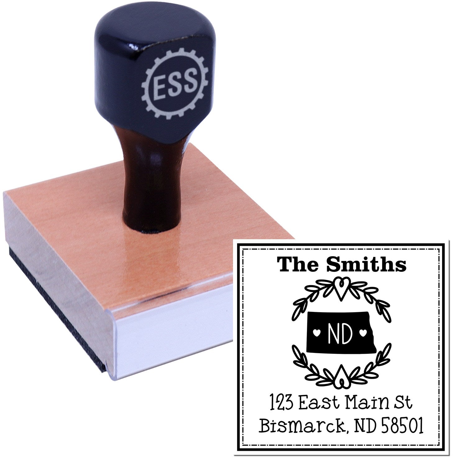 Wood Handle North Dakota State Wreath Custom-Made New Address Stamp