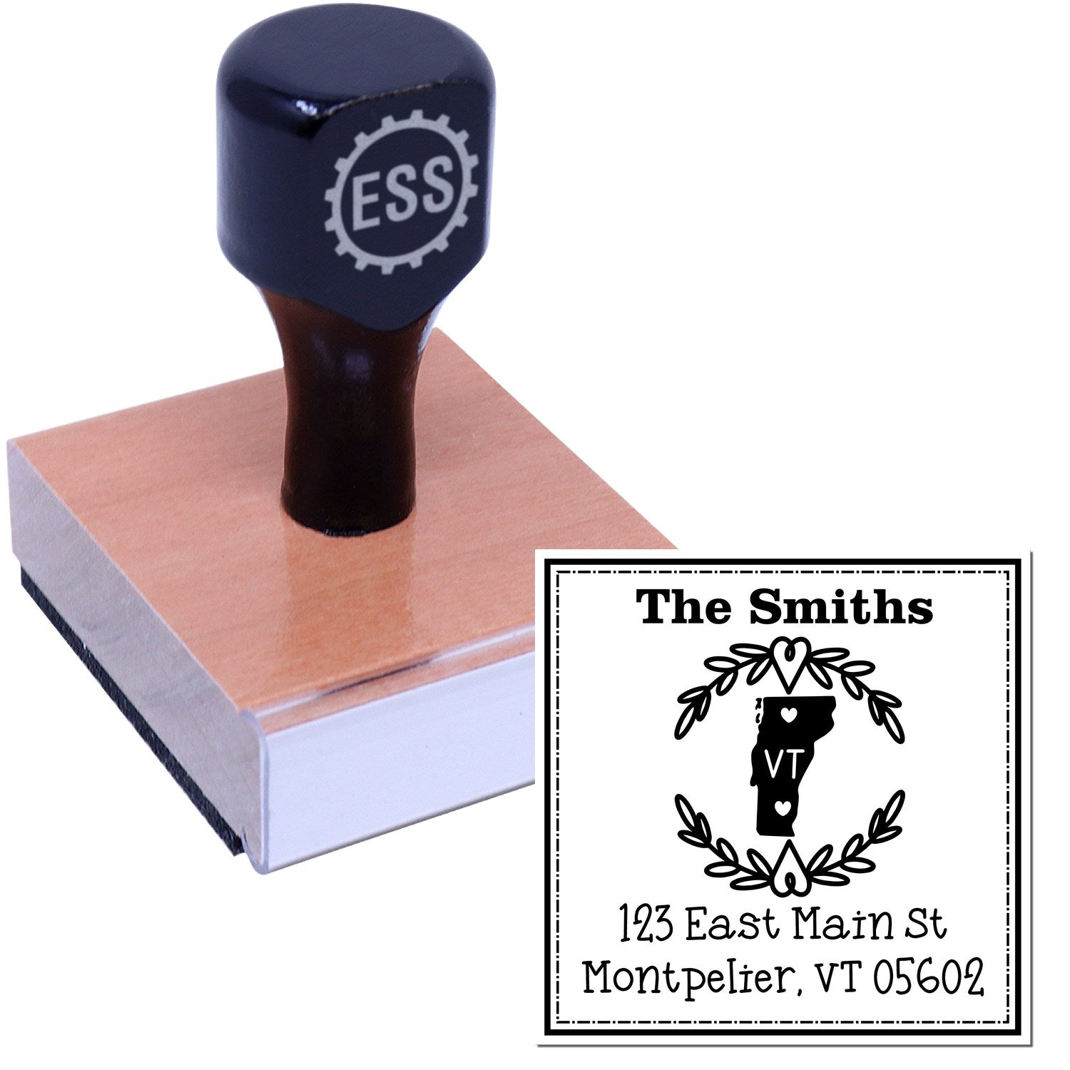 Wood Handle Vermont State Wreath Personalized Address Rubber Stamp