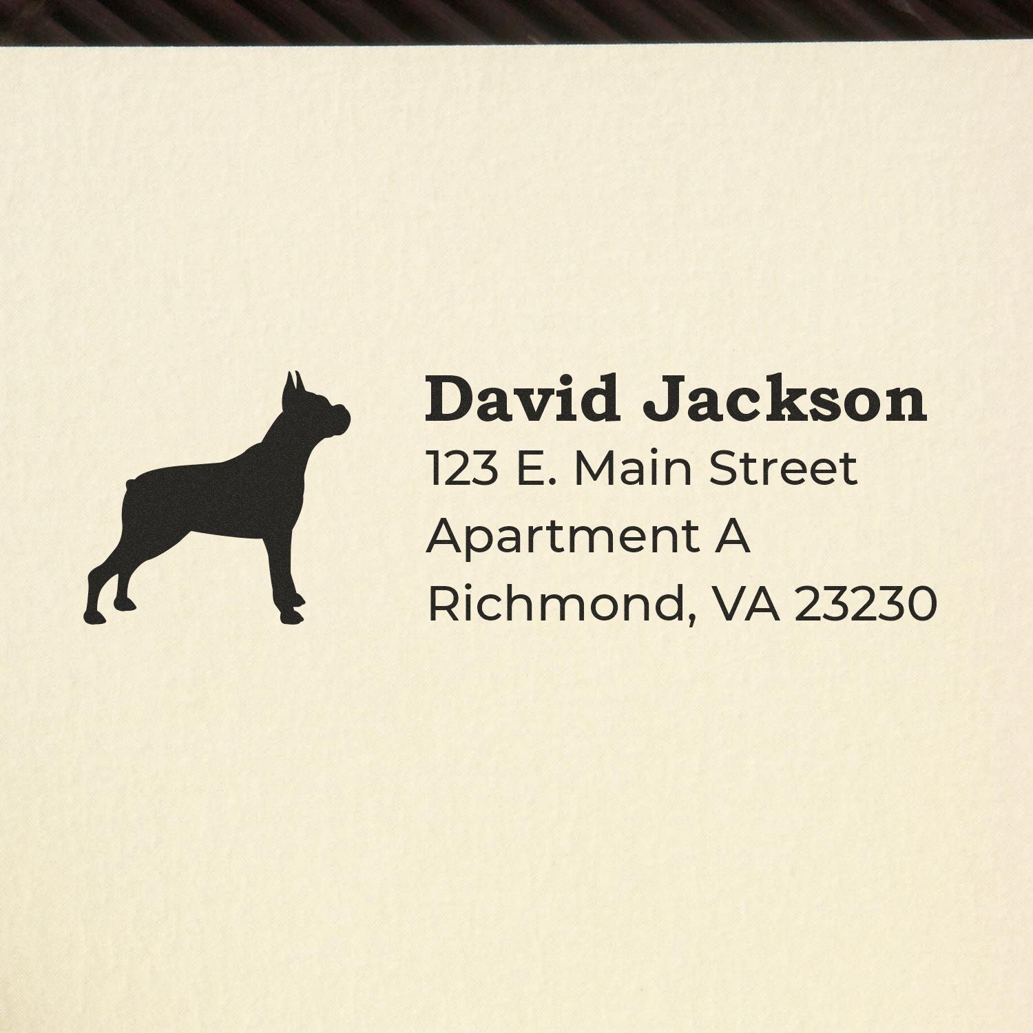 Self-Inking Boxer Dog Address Stamp imprint showing a silhouette of a boxer dog next to an address for David Jackson, 123 E. Main Street, Apartment A, Richmond, VA 23230.