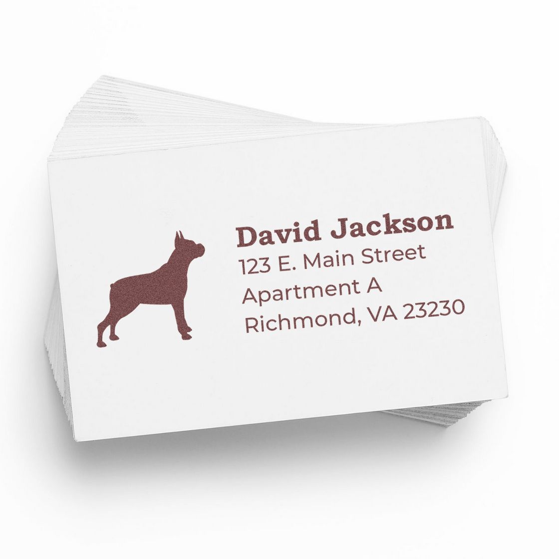 A stack of white cards stamped with a brown silhouette of a boxer dog and address details using the Slim Pre-Inked Boxer Address Stamp, showcasing its clean and precise imprint.