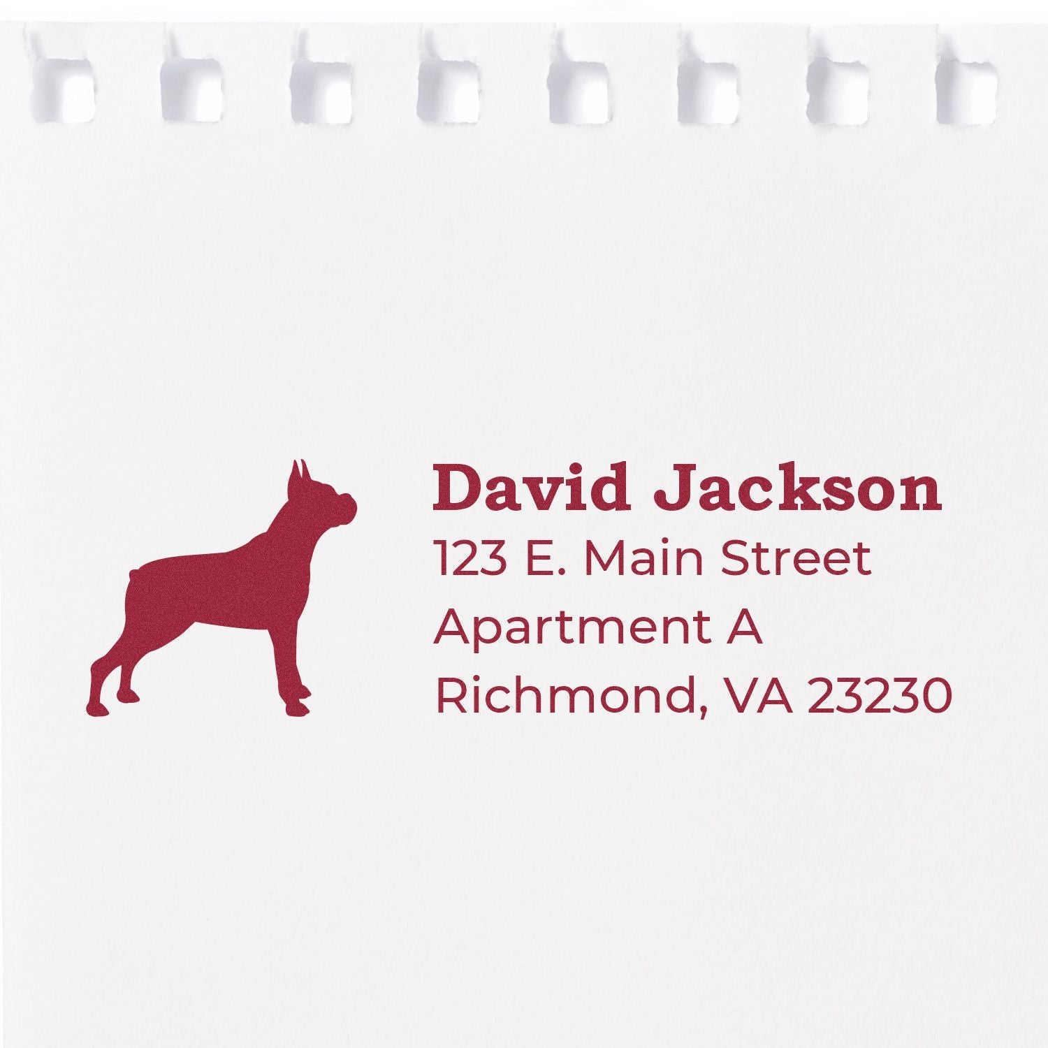 Self-Inking Boxer Dog Address Stamp on white paper, featuring a red silhouette of a boxer dog next to a sample address in bold, clear font. Perfect for personalizing mail with style.