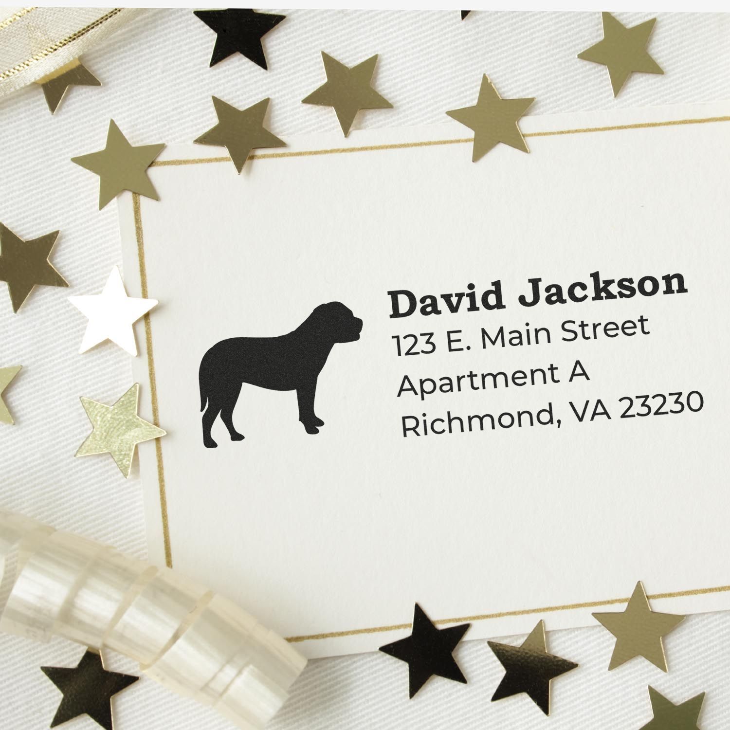 Self-Inking Bullmastiff Dog Address Stamp on a card with gold stars and ribbon, displaying a silhouette of a Bullmastiff and sample address text.