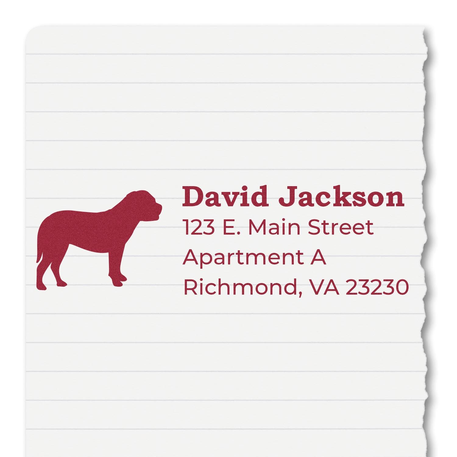 Slim Pre-Inked Bullmastiff Address Stamp on lined paper, featuring a red bullmastiff silhouette and sample address text in bold red font.