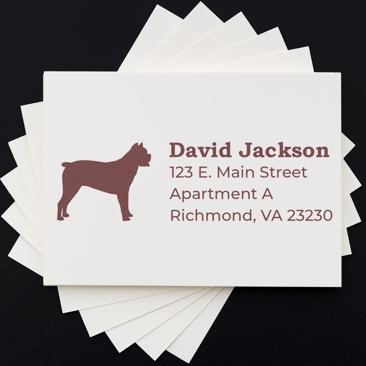 Cane Corso Silhouette Address Rubber Stamp on a stack of white cards, featuring a dog silhouette and sample address text in elegant font.