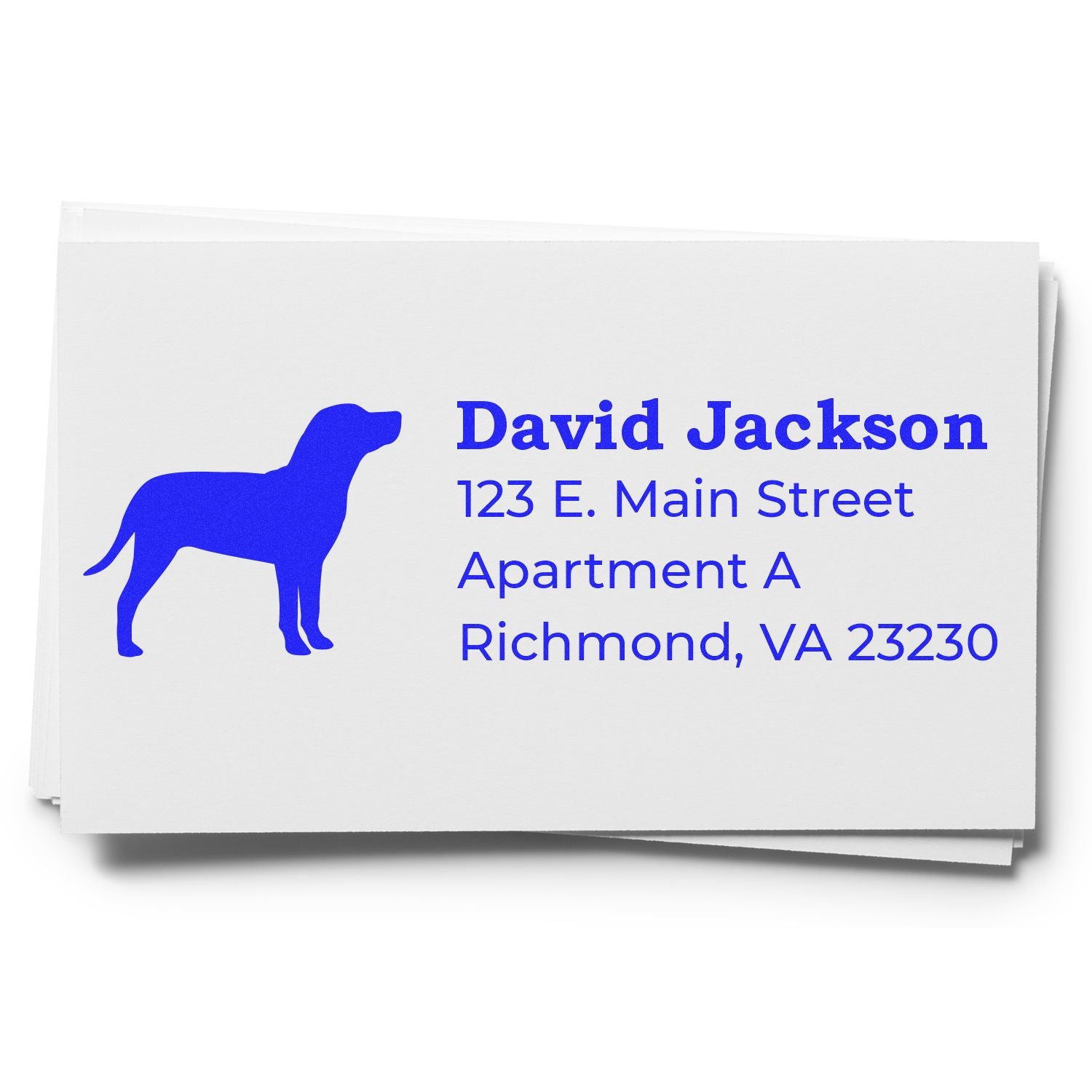 PSI Pre-Inked Personalized Catahoula Address Stamp on white paper, featuring a blue Catahoula dog silhouette and sample address text in blue.