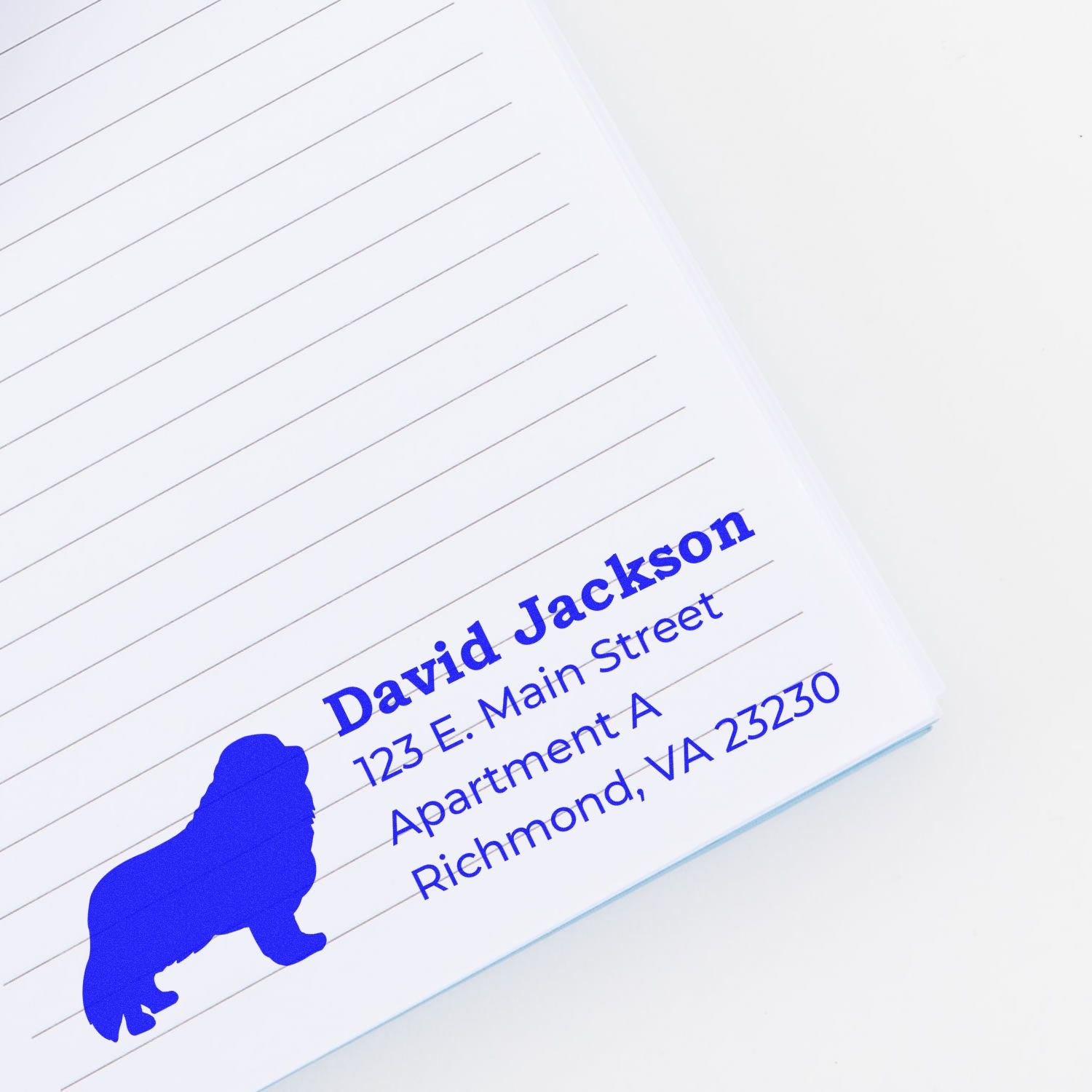 Self-Inking Cavalier King Charles Dog Address Stamp on a notepad, featuring a blue silhouette of the dog with sample address text in blue ink.