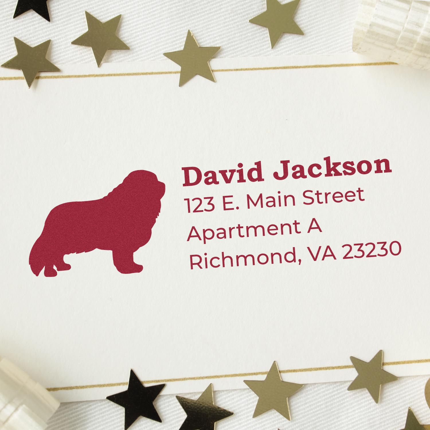 Cavalier King Charles Silhouette Address Rubber Stamp on a card with gold star decorations. The stamp features a dog silhouette and sample address text in red.