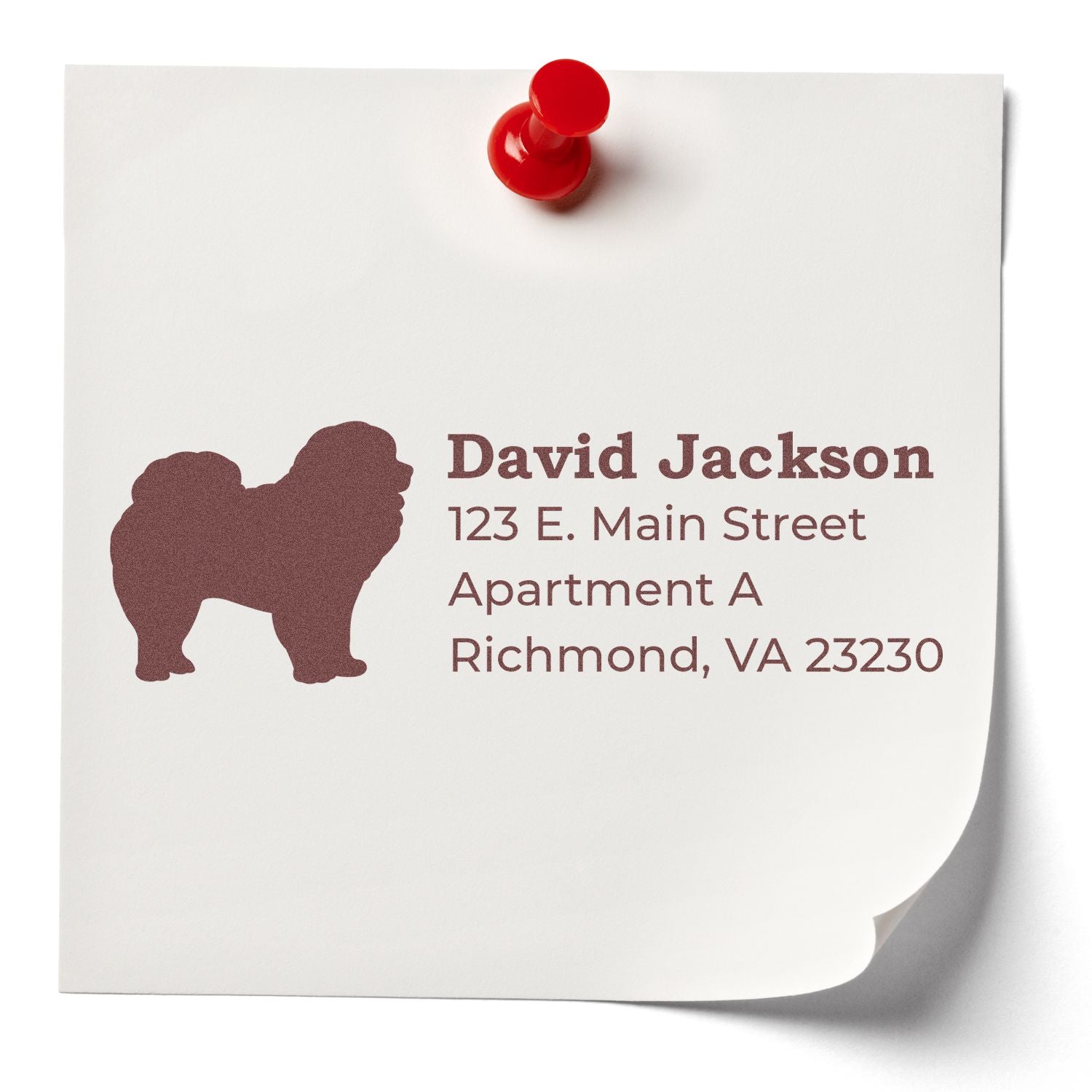 PSI Pre-Inked Personalized Chow Address Stamp on a white note with a red pushpin, featuring a Chow Chow silhouette and sample address text in brown ink.