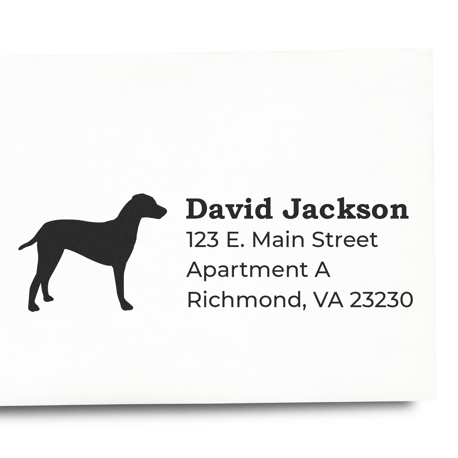 Dalmatian Silhouette Address Rubber Stamp on white paper, featuring a black Dalmatian silhouette next to personalized address text in bold font.