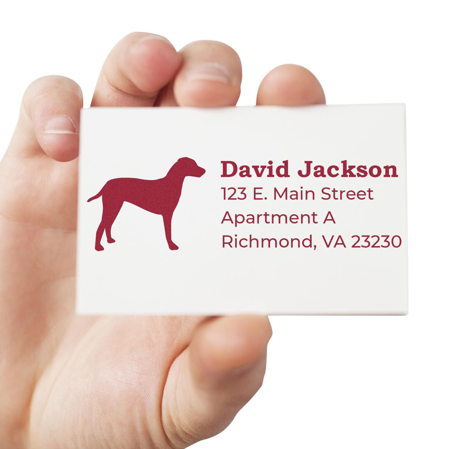 Hand holding a Slim Pre-Inked Dalmatian Address Stamp imprint on a card, featuring a red Dalmatian silhouette and sample address text in bold red font.