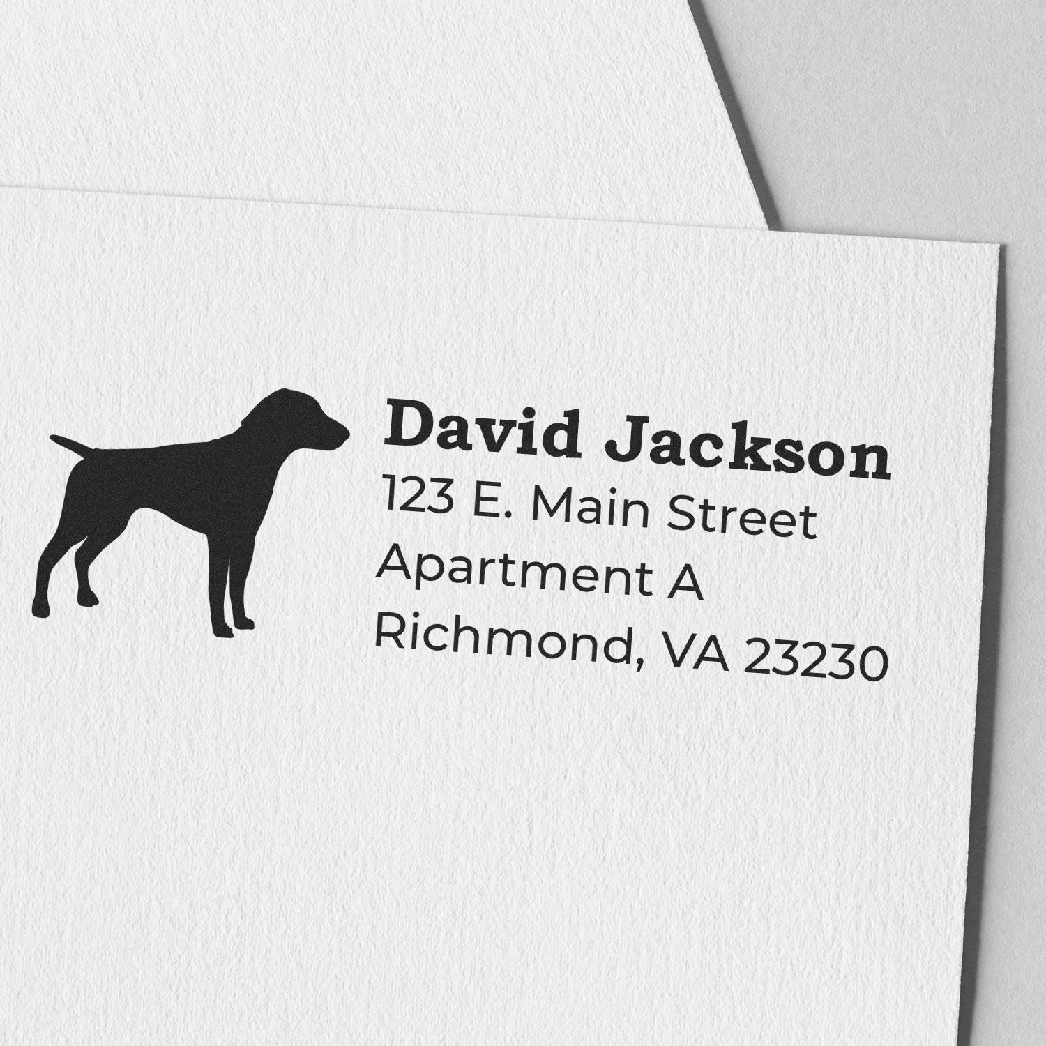 German Shorthaired Pointer Silhouette Address Rubber Stamp on white paper, featuring a dog silhouette and sample address text in bold, clear font.