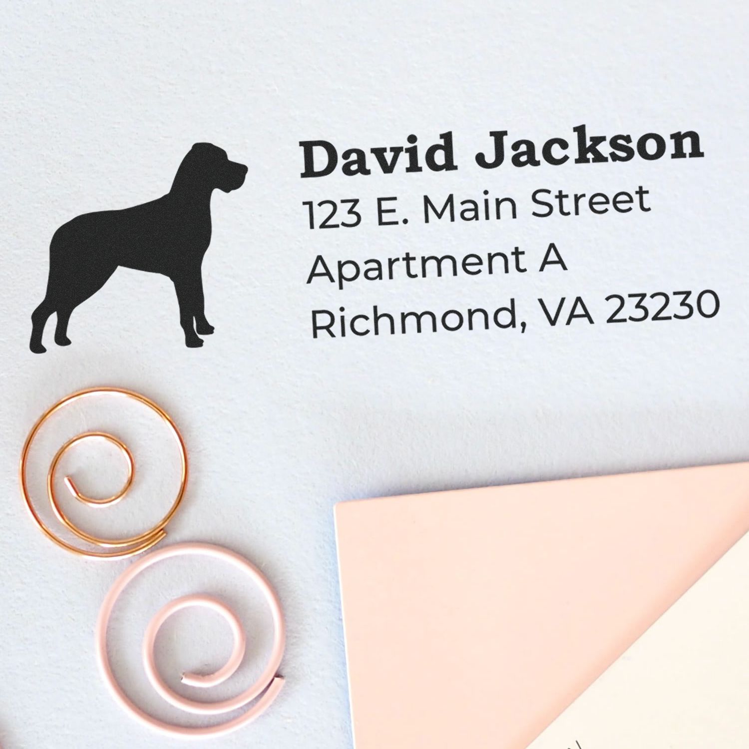 Great Dane Silhouette Address Rubber Stamp on paper with text: David Jackson, 123 E. Main Street, Apartment A, Richmond, VA 23230. Nearby are decorative spiral paper clips and a pink envelope.