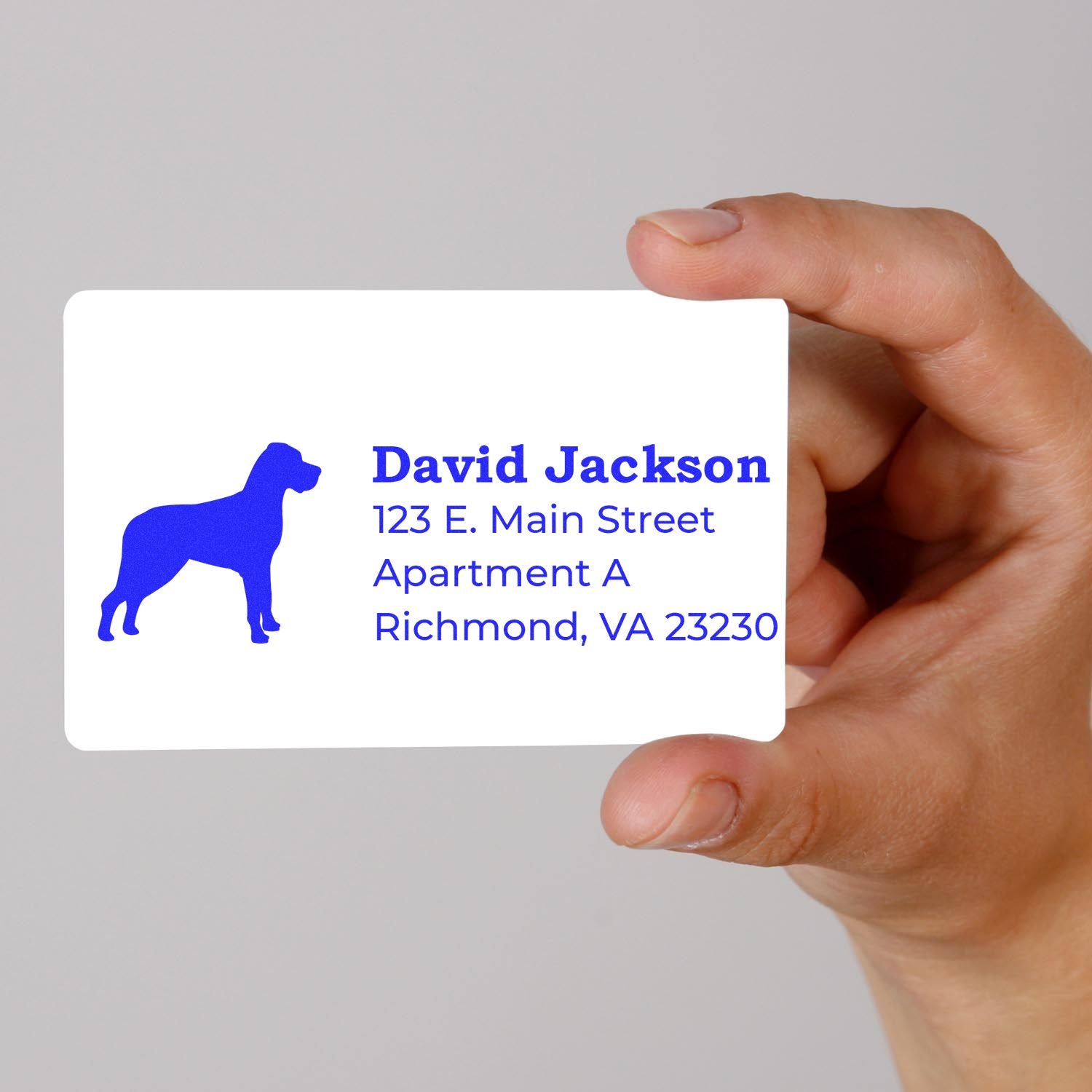 Hand holding a card featuring a blue Great Dane silhouette and address details, showcasing the Great Dane Silhouette Address Rubber Stamp.