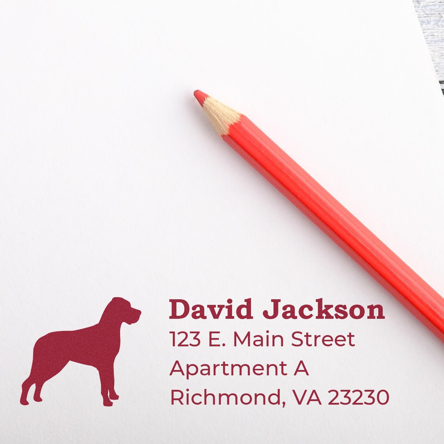 Great Dane Silhouette Address Rubber Stamp on white paper with red ink, featuring a Great Dane silhouette and sample address. A red pencil lies nearby, enhancing the elegant design.