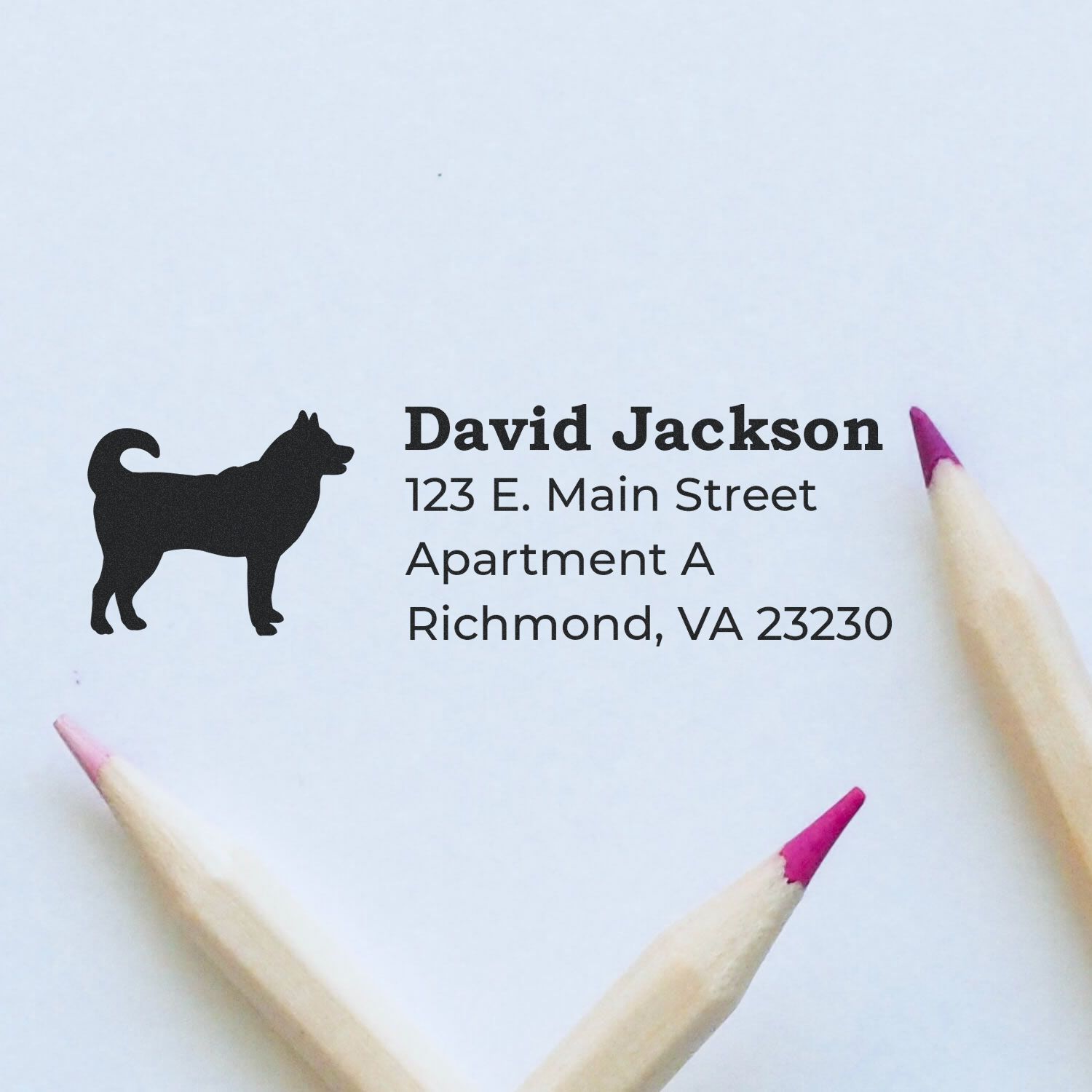 Self-Inking Husky Dog Address Stamp on white paper, featuring a husky silhouette and sample address. Two pencils with pink tips frame the stamp, highlighting its crisp, clear imprint.