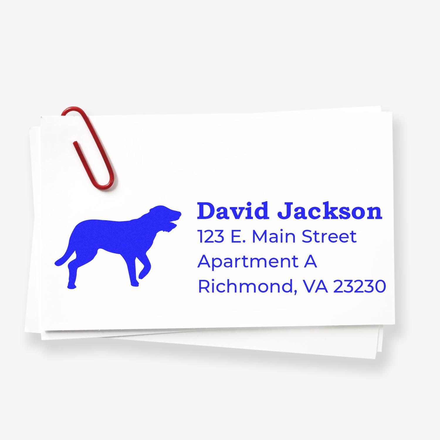 PSI Pre-Inked Personalized Irish Wolfhound Address Stamp on white paper with a blue dog silhouette, red paperclip, and sample address: David Jackson, 123 E. Main Street, Apartment A, Richmond, VA 23230.