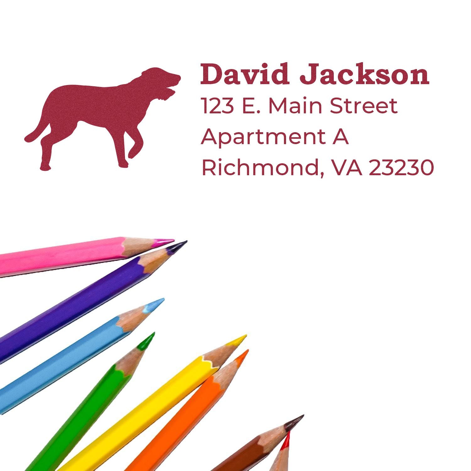 Self-Inking Irish Wolfhound Dog Address Stamp on paper with colorful pencils. Features a red silhouette of a dog and sample address text in red font.