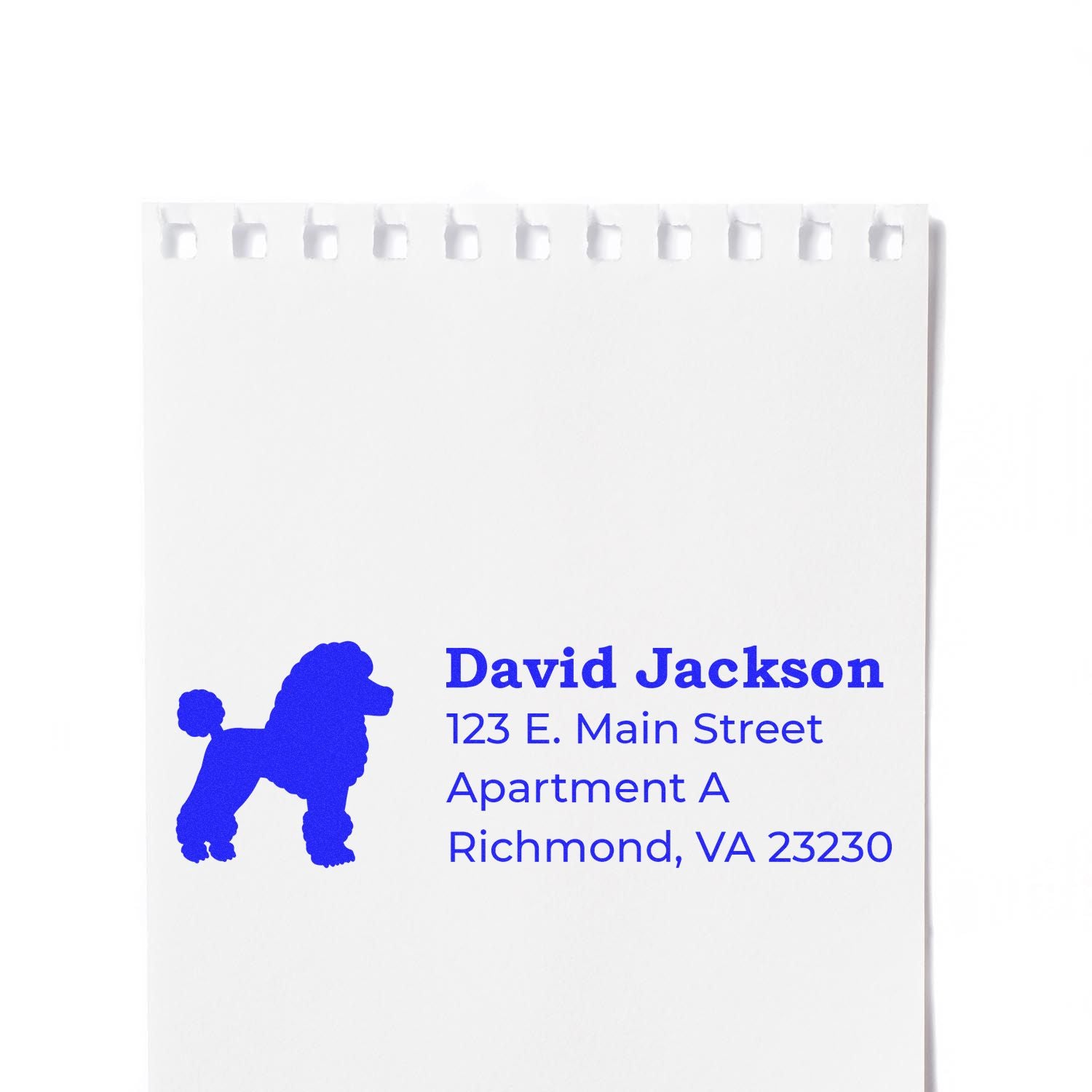 Poodle Silhouette Address Rubber Stamp on white paper, featuring a blue poodle silhouette with sample address text: David Jackson, 123 E. Main Street, Apartment A, Richmond, VA 23230.