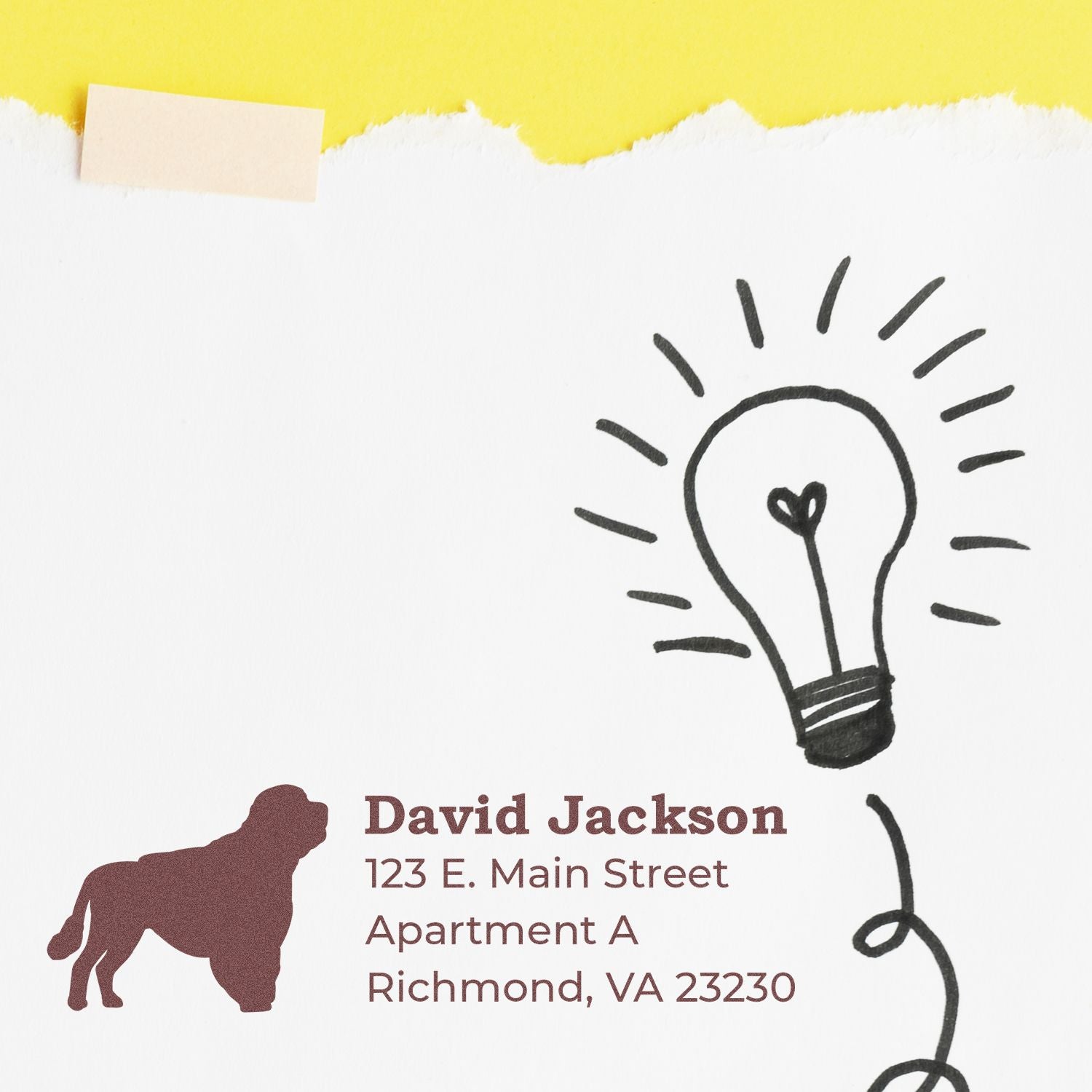 Portuguese Water Dog Silhouette Address Rubber Stamp on a letter with a light bulb doodle, featuring an address in Richmond, VA. The stamp shows a dog silhouette next to the recipient's name.