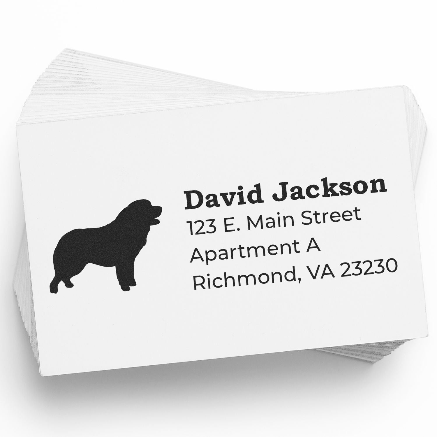 PSI Pre-Inked Personalized Pyrenean Mountain Dog Address Stamp on white cards, featuring a silhouette of the dog and sample address text. Perfect for adding a personal touch to mail.