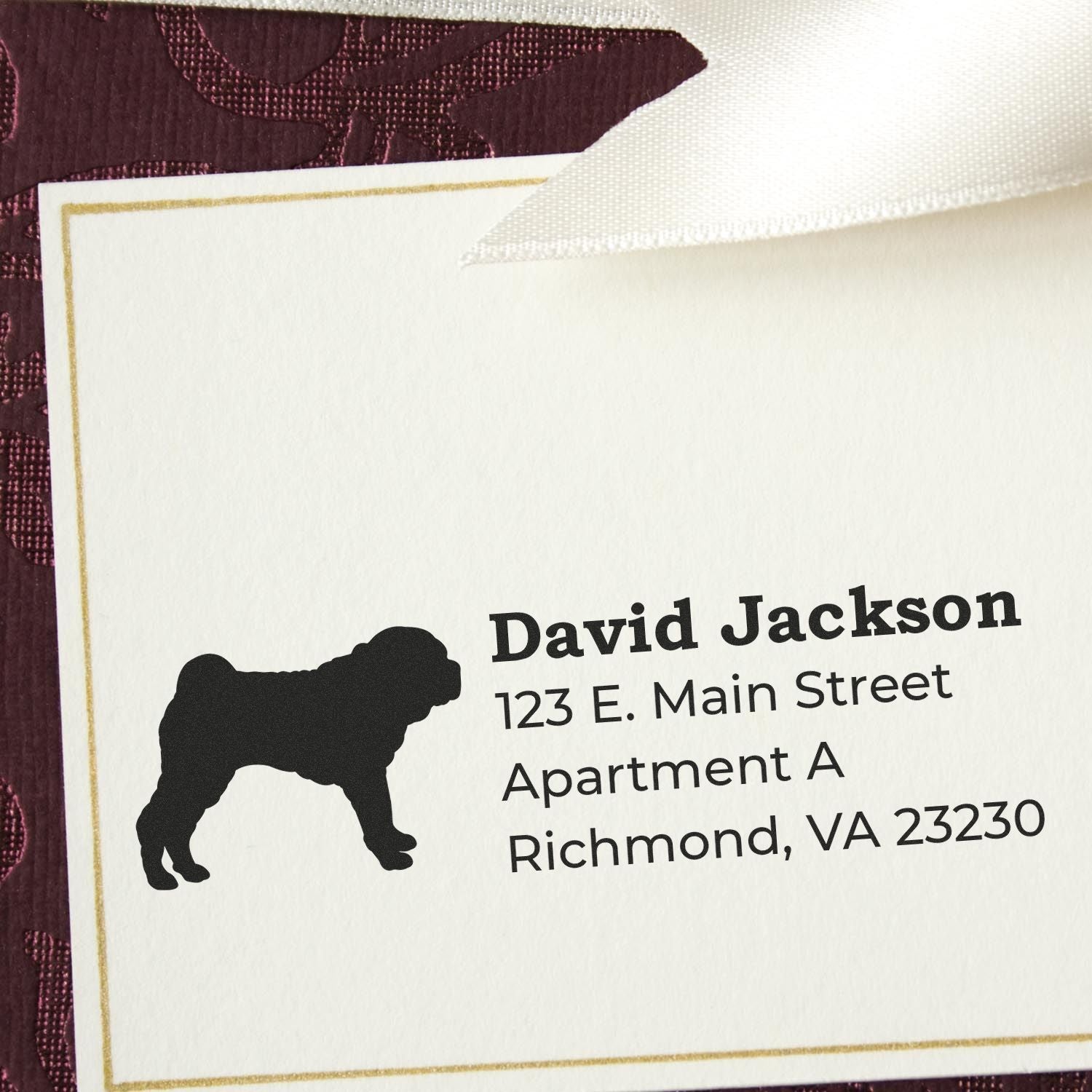 Shar Pei Silhouette Address Rubber Stamp on a card with text: David Jackson, 123 E. Main Street, Apartment A, Richmond, VA 23230. The stamp features a Shar Pei dog silhouette.