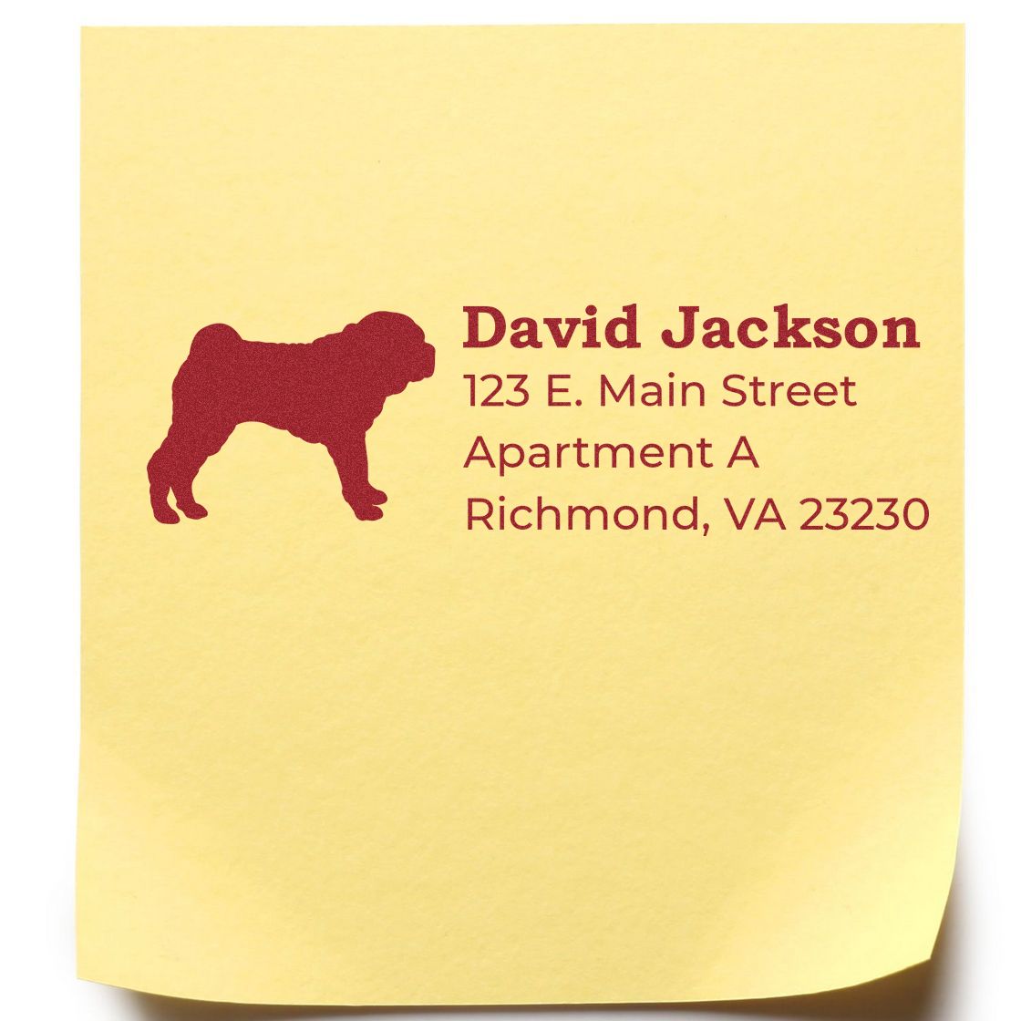 Yellow sticky note with a red Shar Pei Silhouette Address Rubber Stamp featuring a dog silhouette and sample address text in bold, elegant font.