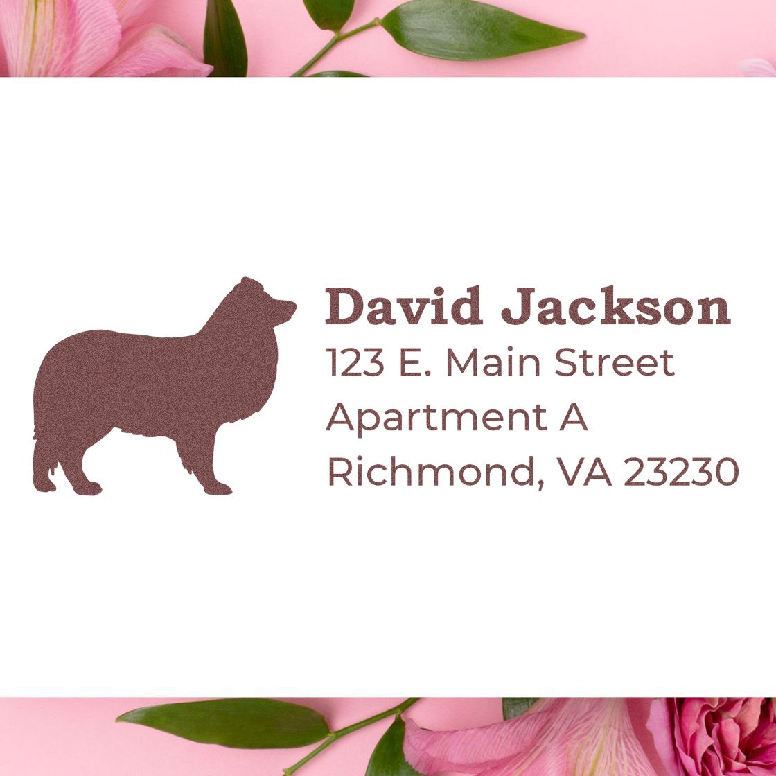 PSI Pre-Inked Personalized Shetland Sheepdog Address Stamp on white paper with a brown dog silhouette, surrounded by pink flowers and green leaves.