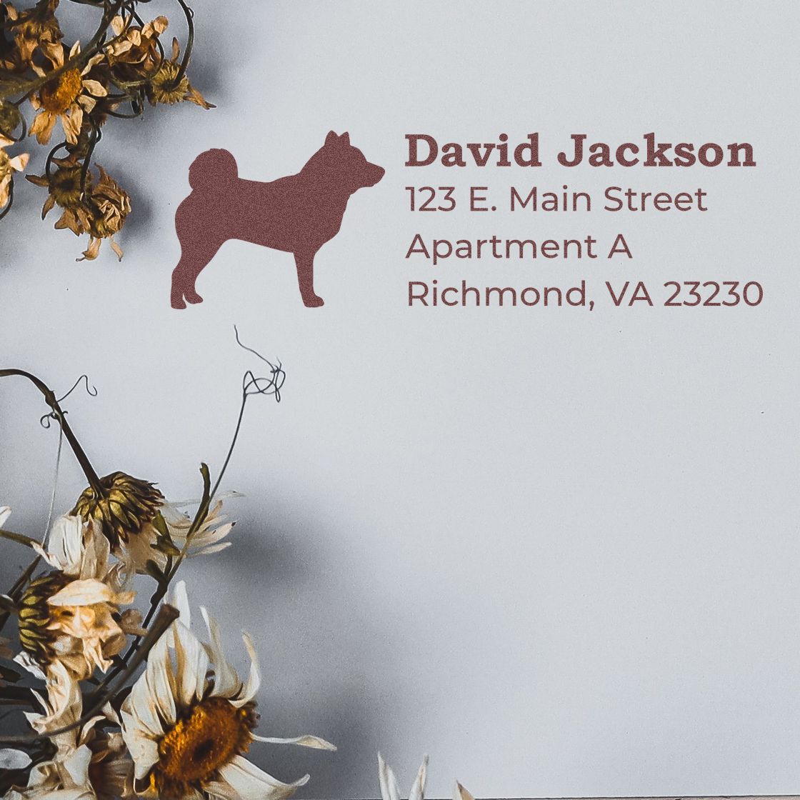 Self-Inking Shiba Inu Dog Address Stamp on white paper with a silhouette of a Shiba Inu. Text reads David Jackson, 123 E. Main Street, Apartment A, Richmond, VA 23230. Dried flowers nearby.