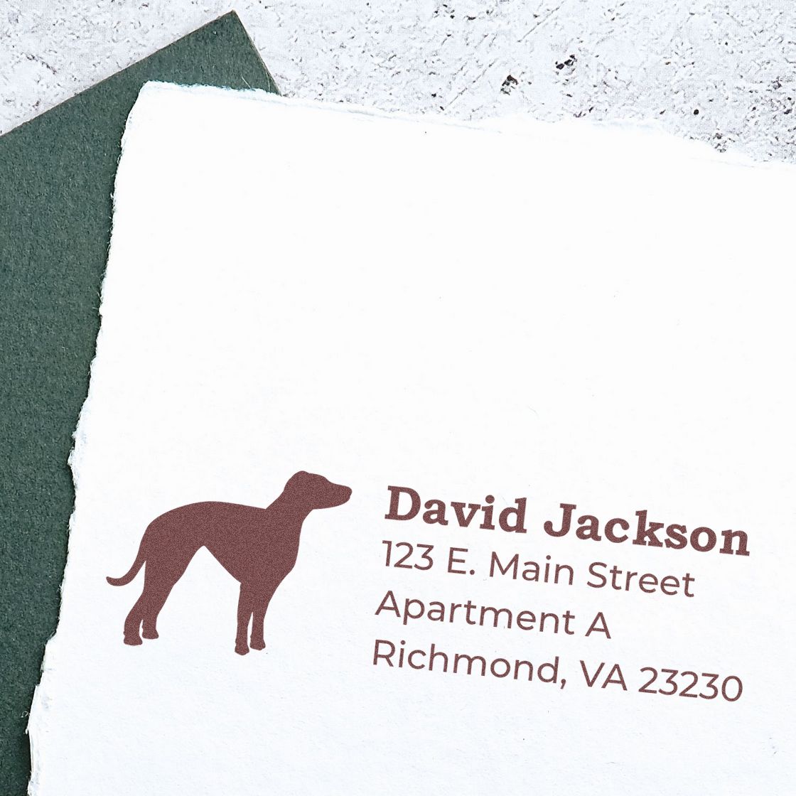 Whippet Silhouette Address Rubber Stamp on white paper, featuring a brown whippet silhouette and sample address text. Background includes a green envelope on a textured surface.