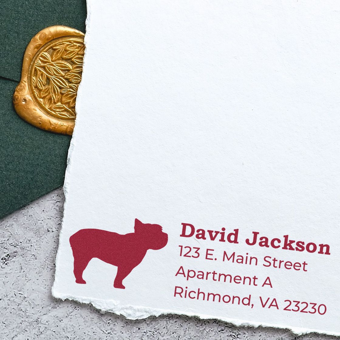 PSI Pre-Inked Personalized Yorkshire Terrier Address Stamp on white paper with red text and a dog silhouette, next to a green envelope with a gold wax seal.