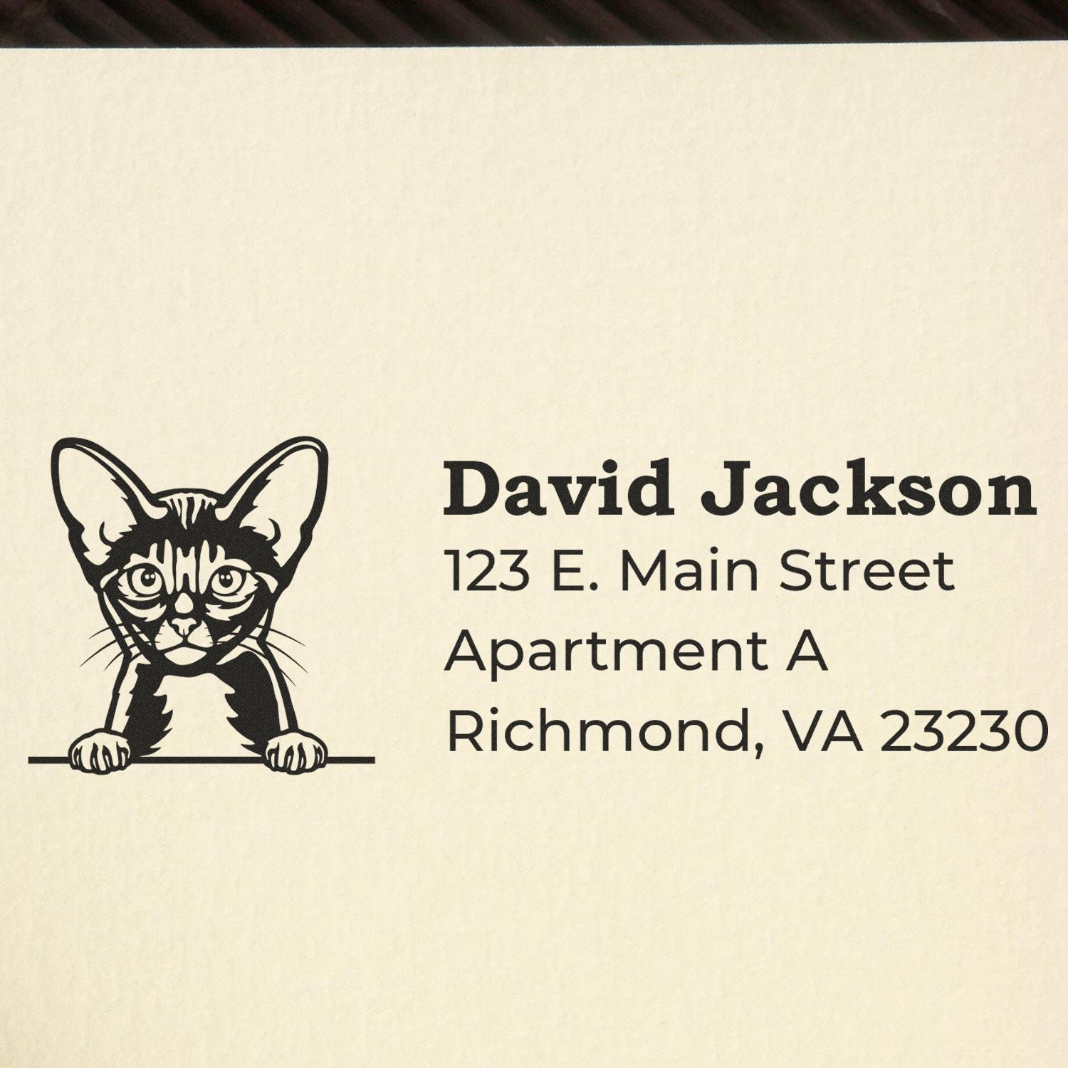 A Self-Inking Abyssinian Custom Address Stamp featuring a cute cat design and personalized address details, stamped on paper.